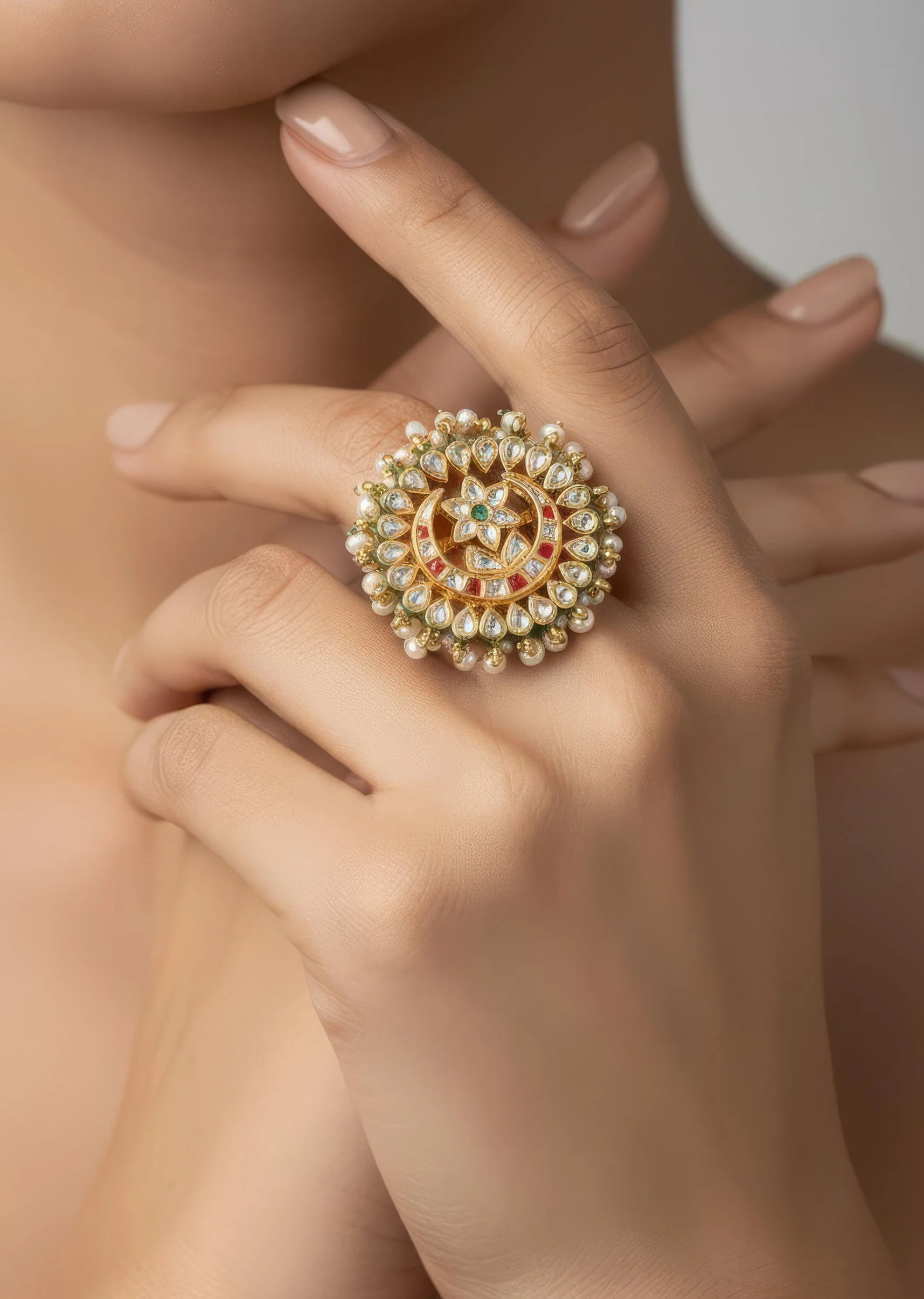 612-pearl-embellished-gold-plated-green-kundan-polki-ring-1.webp Pearl Embellished Gold Plated Green Kundan Polki Ring