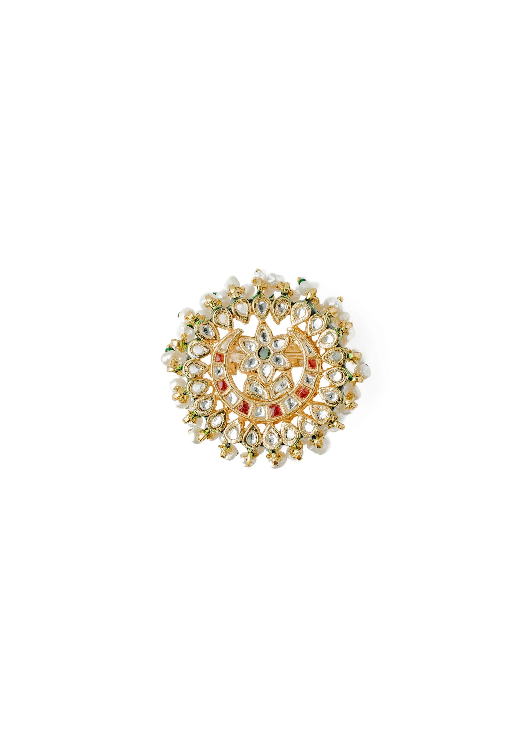 Pearl Embellished Gold Plated Green Kundan Polki Ring