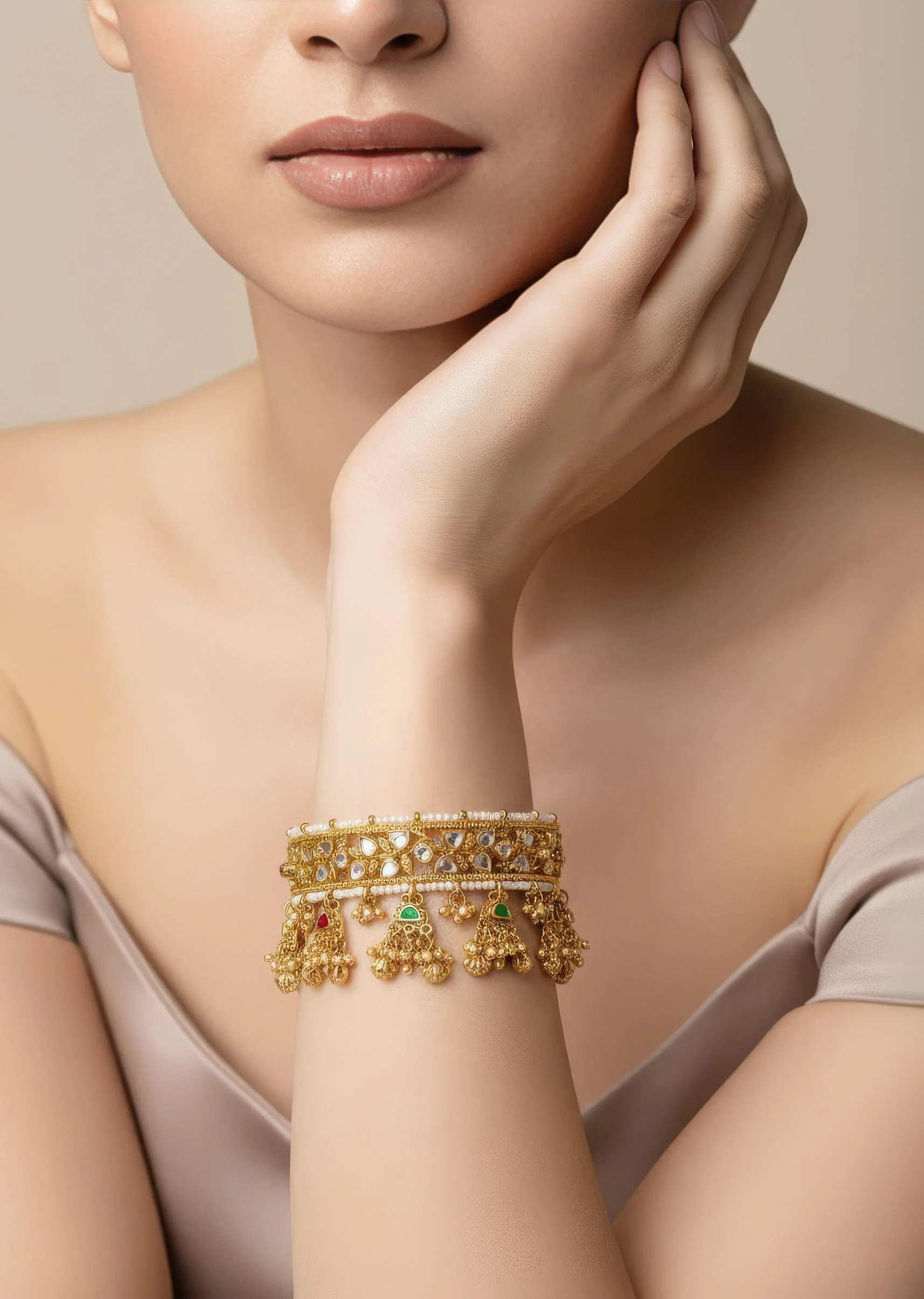 613-sparkling-gold-plated-kundan-polki-bangles-with-dangling-embellishments-1.webp Sparkling Gold Plated Kundan Polki Bangles With Dangling Embellishments