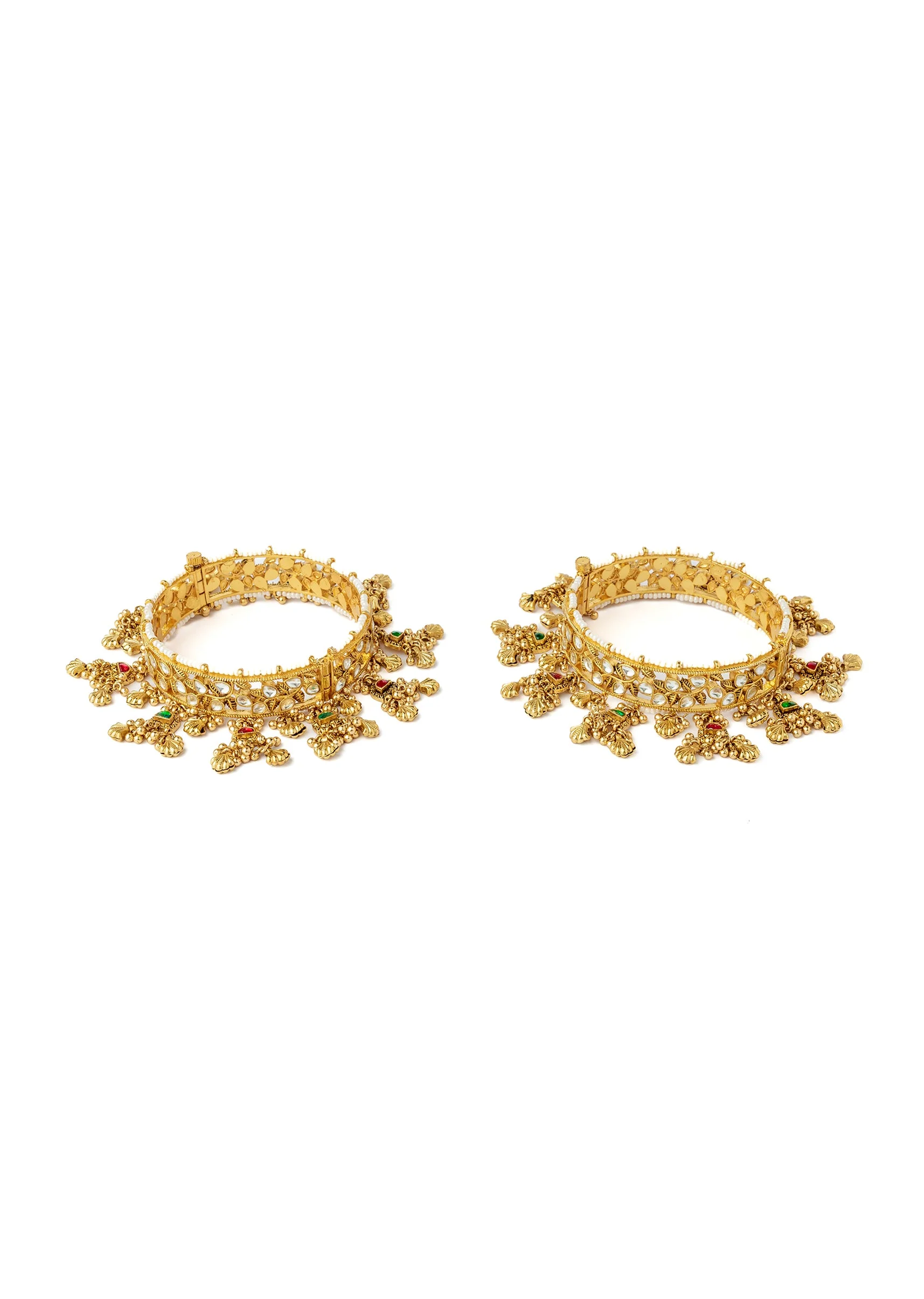 Sparkling Gold Plated Kundan Polki Bangles With Dangling Embellishments