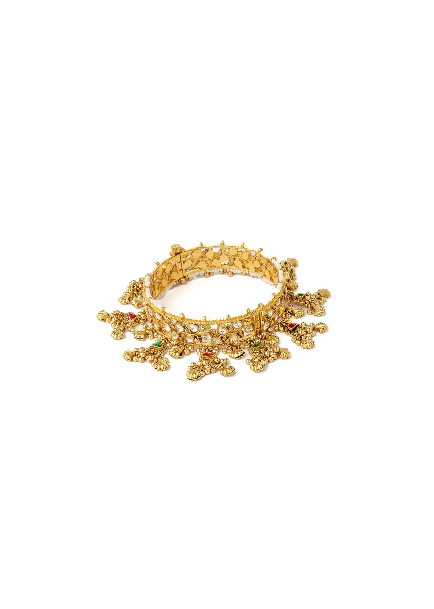 Sparkling Gold Plated Kundan Polki Bangles With Dangling Embellishments