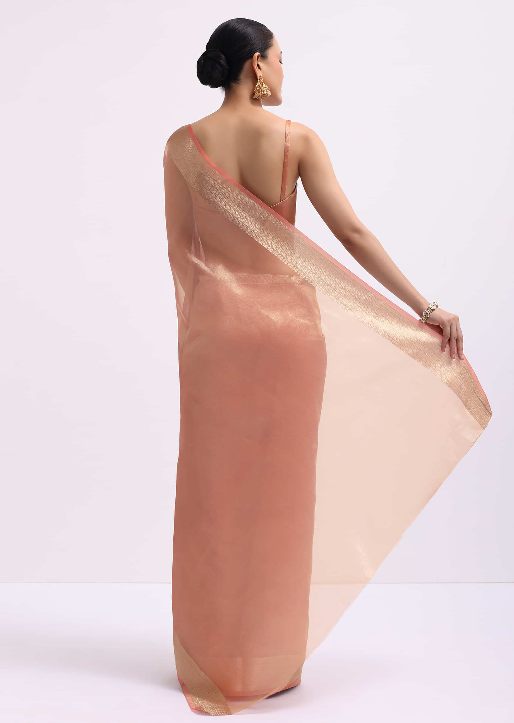 Peach Zari Woven Chanderi Saree With Unstitched Blouse