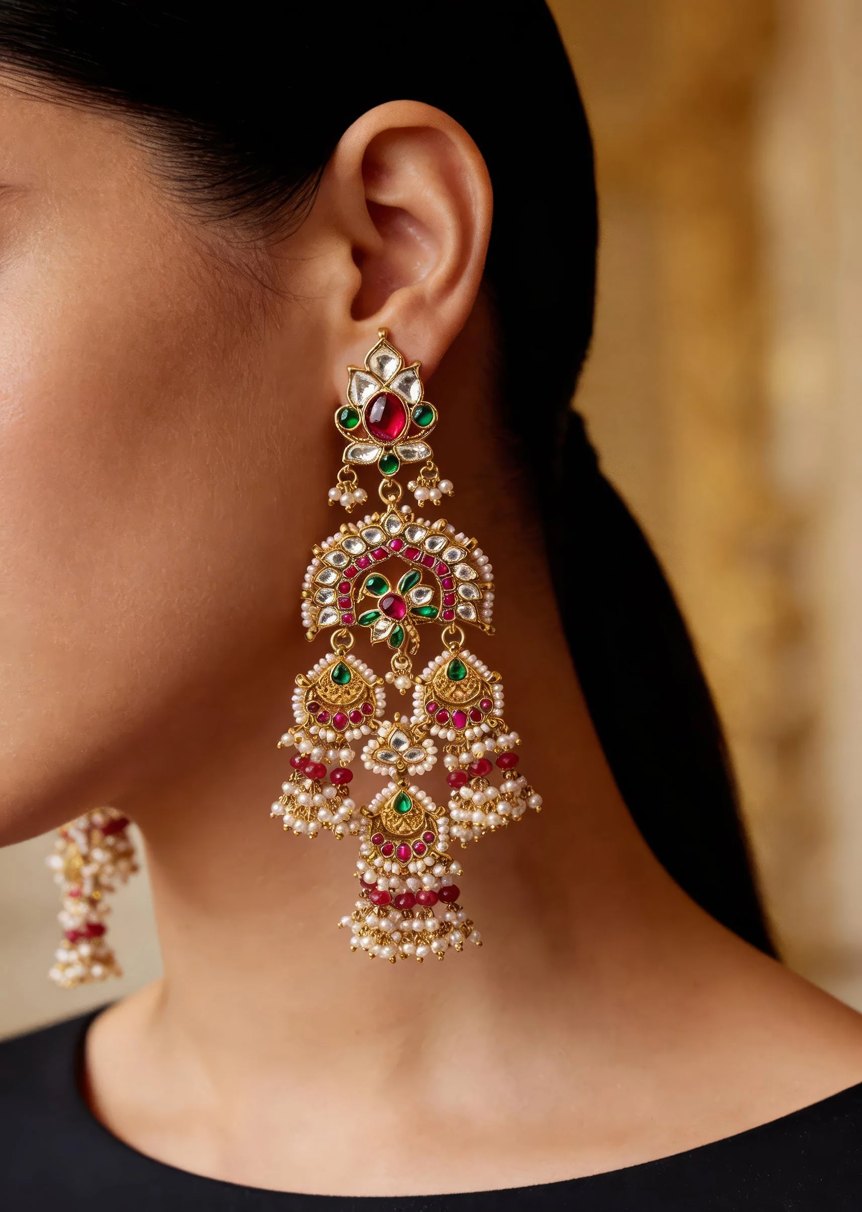 Gold Plated Red Synthetic Stone Earrings