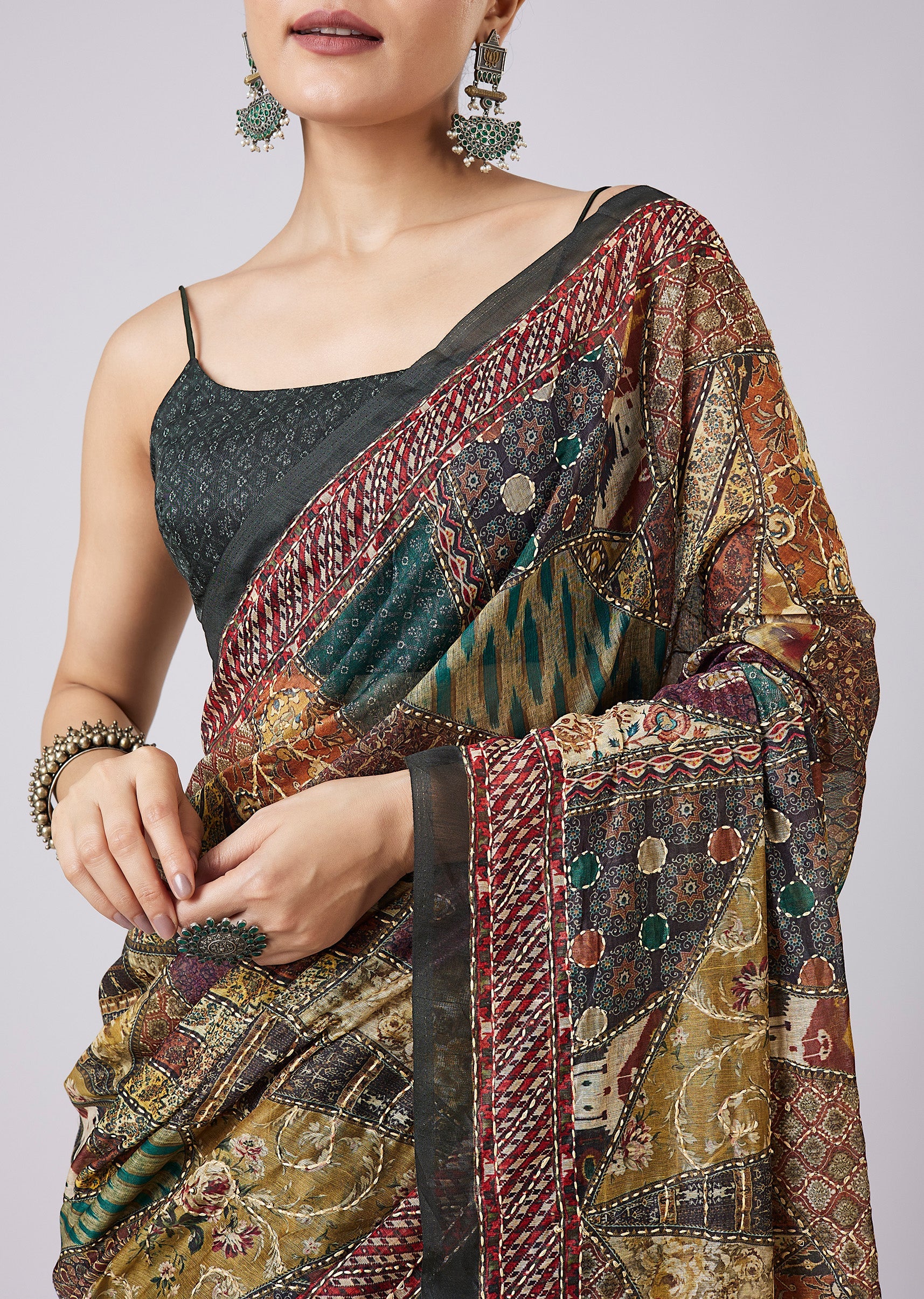 Green Tassel Block Printed Saree with Unstitched Blouse