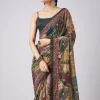 Green Tassel Block Printed Saree with Unstitched Blouse