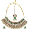 Gold Plated Green Kundan Polki Necklace Set With Earrings And Maangtikka