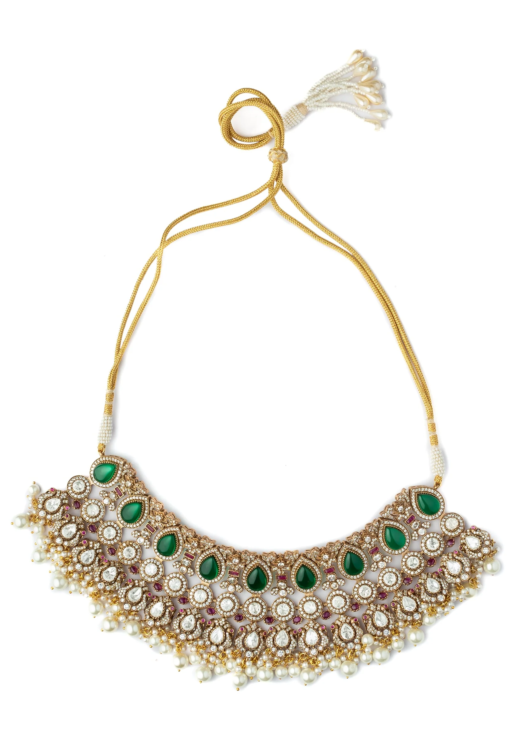 Gold Plated Green Kundan Polki Necklace Set With Earrings And Maangtikka