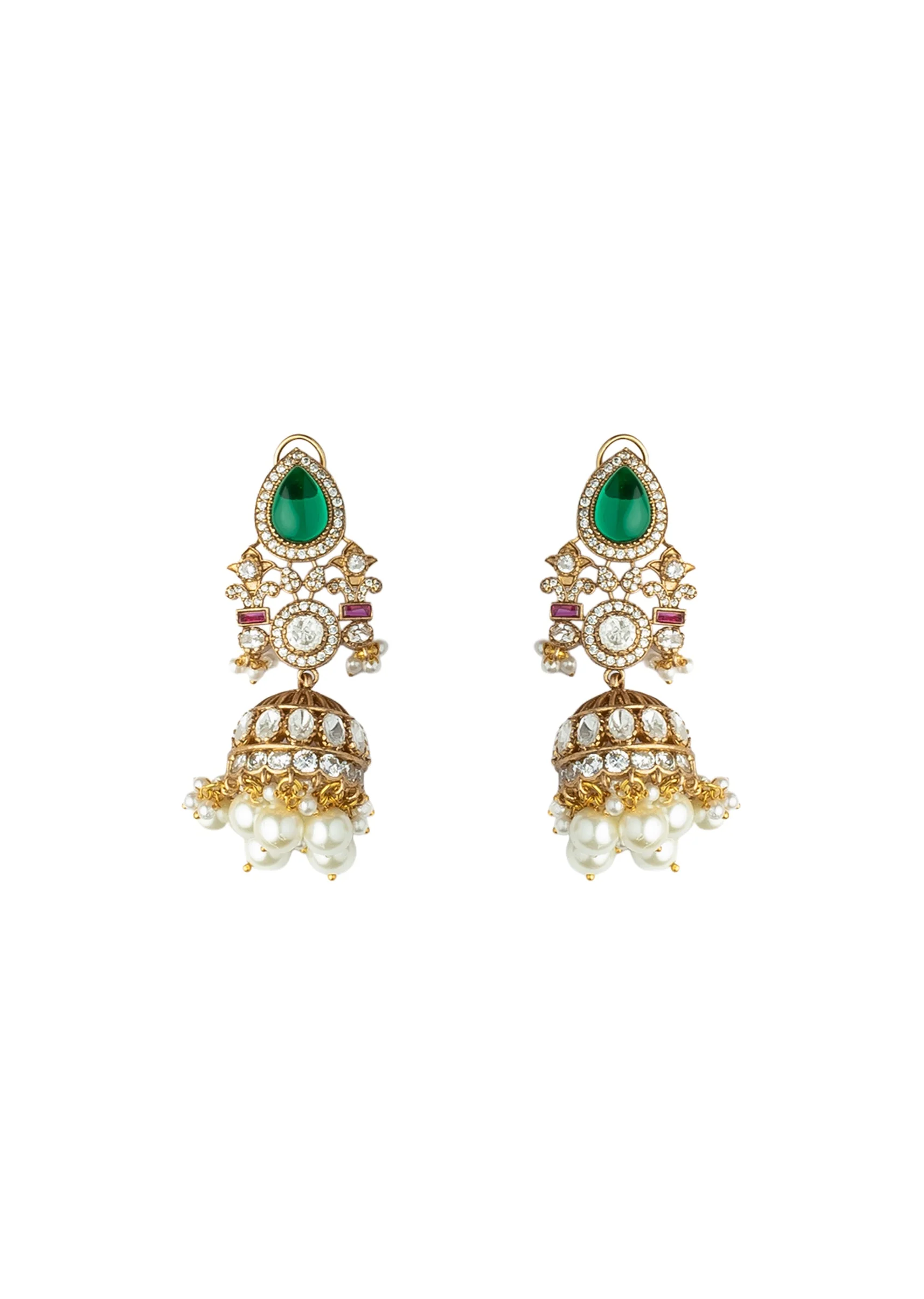 Gold Plated Green Kundan Polki Necklace Set With Earrings And Maangtikka
