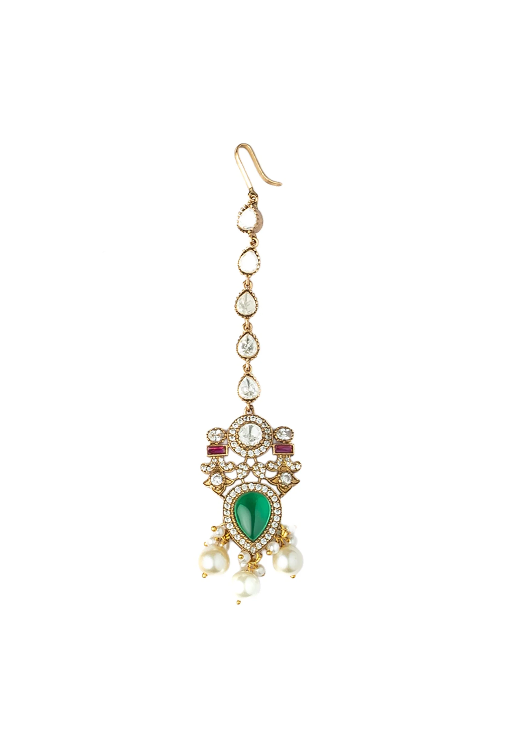 Gold Plated Green Kundan Polki Necklace Set With Earrings And Maangtikka