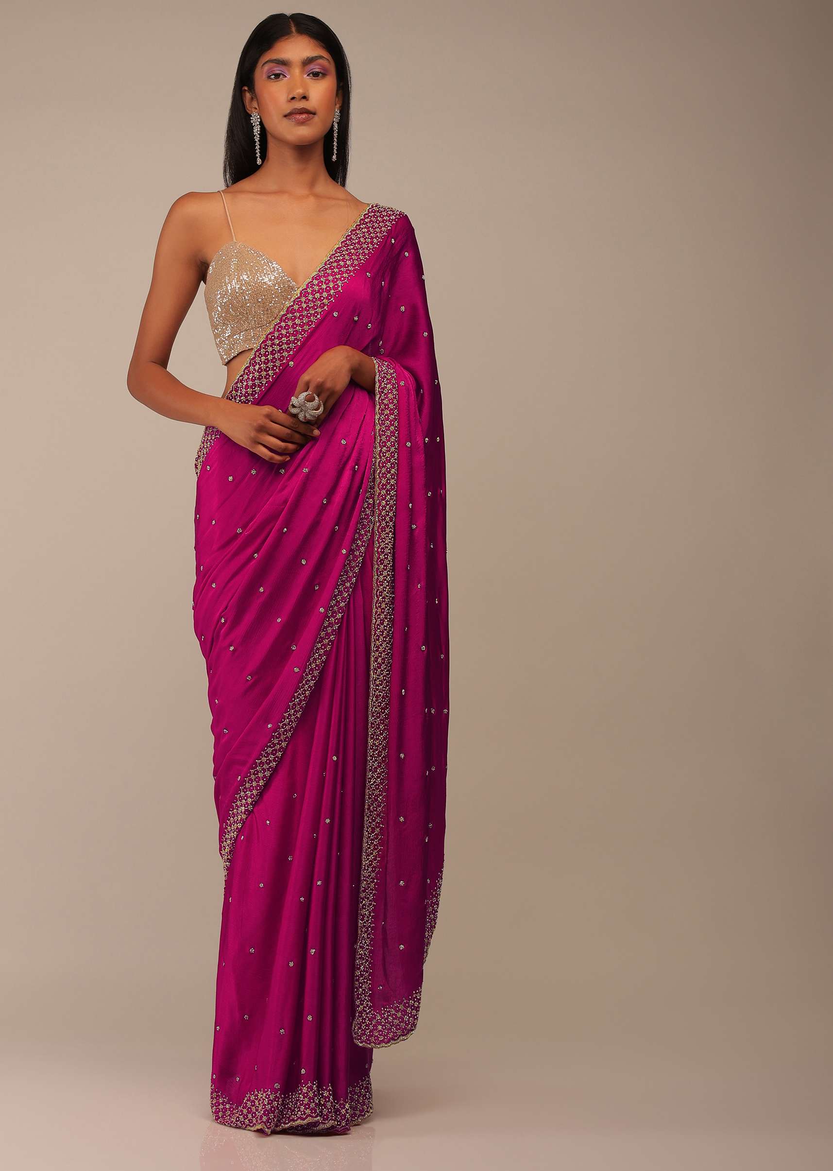 Rani Pink Saree In Chiffon With Cut Dana And Stones Embroidery