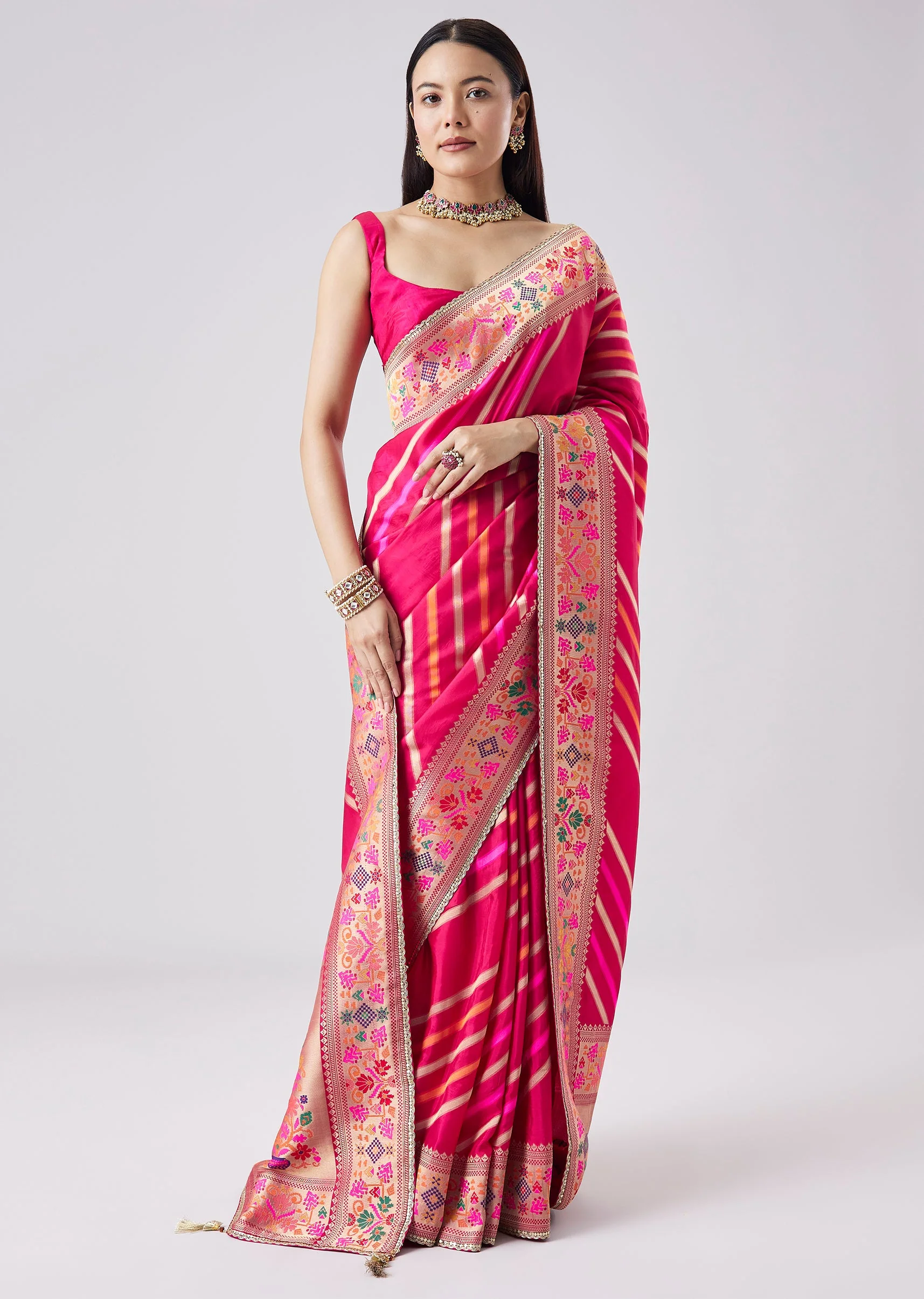 6195-rani-pink-woven-saree-with-unstitched-blouse-1.webp Rani Pink Woven Saree With Unstitched Blouse