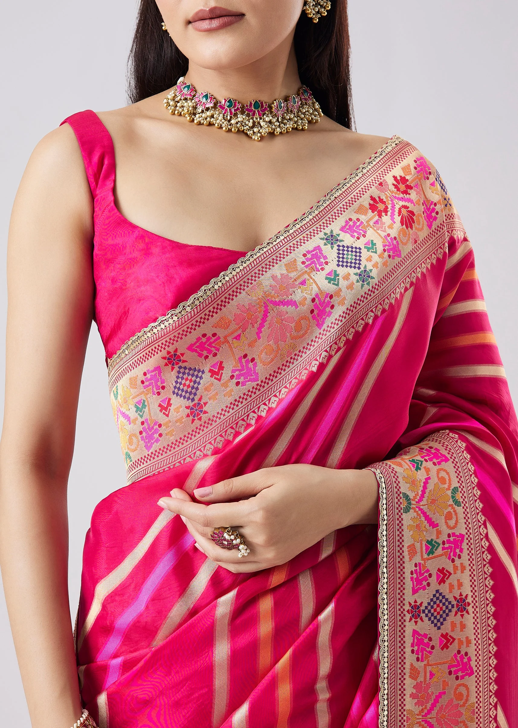 Rani Pink Woven Saree With Unstitched Blouse