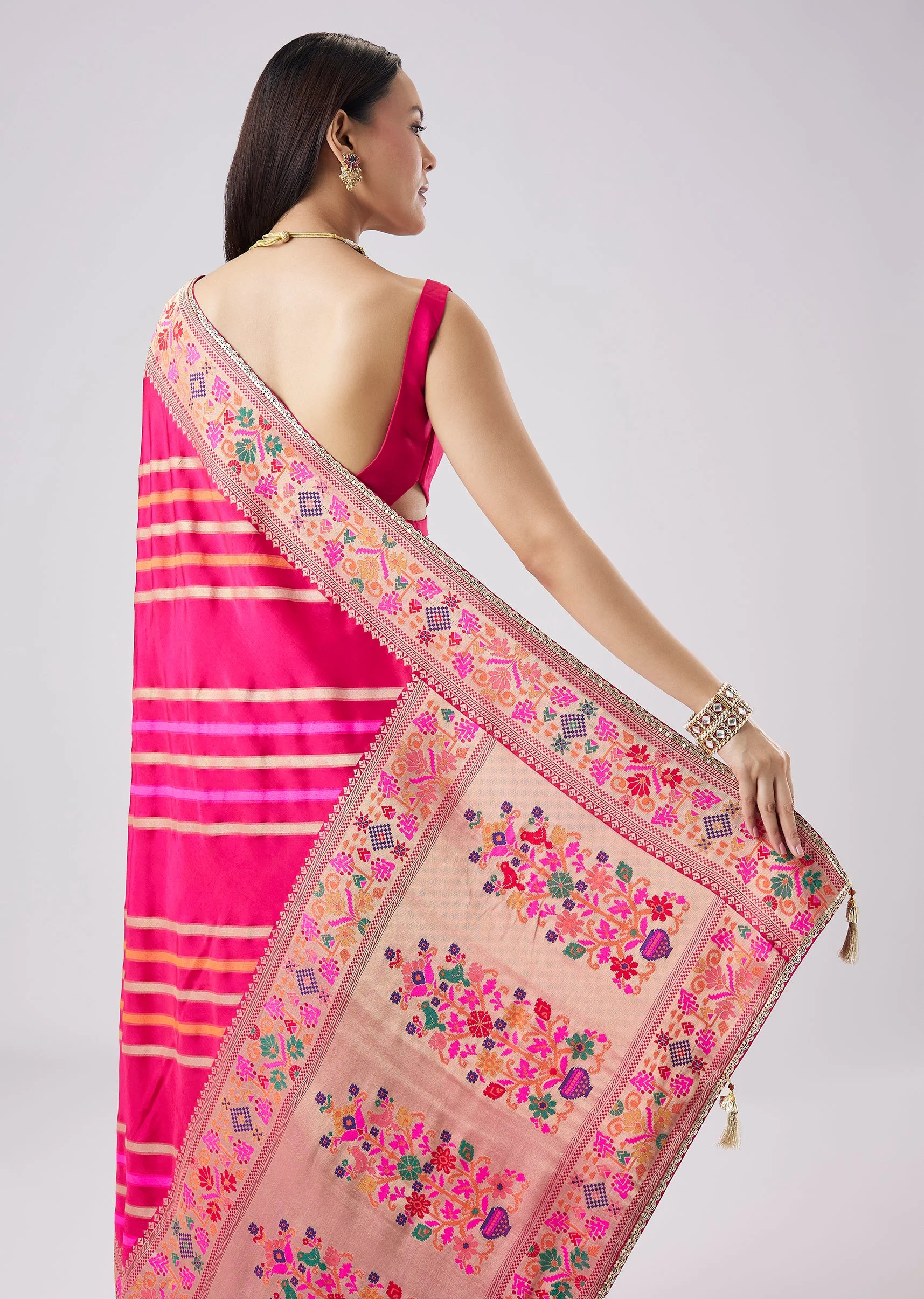 Rani Pink Woven Saree With Unstitched Blouse