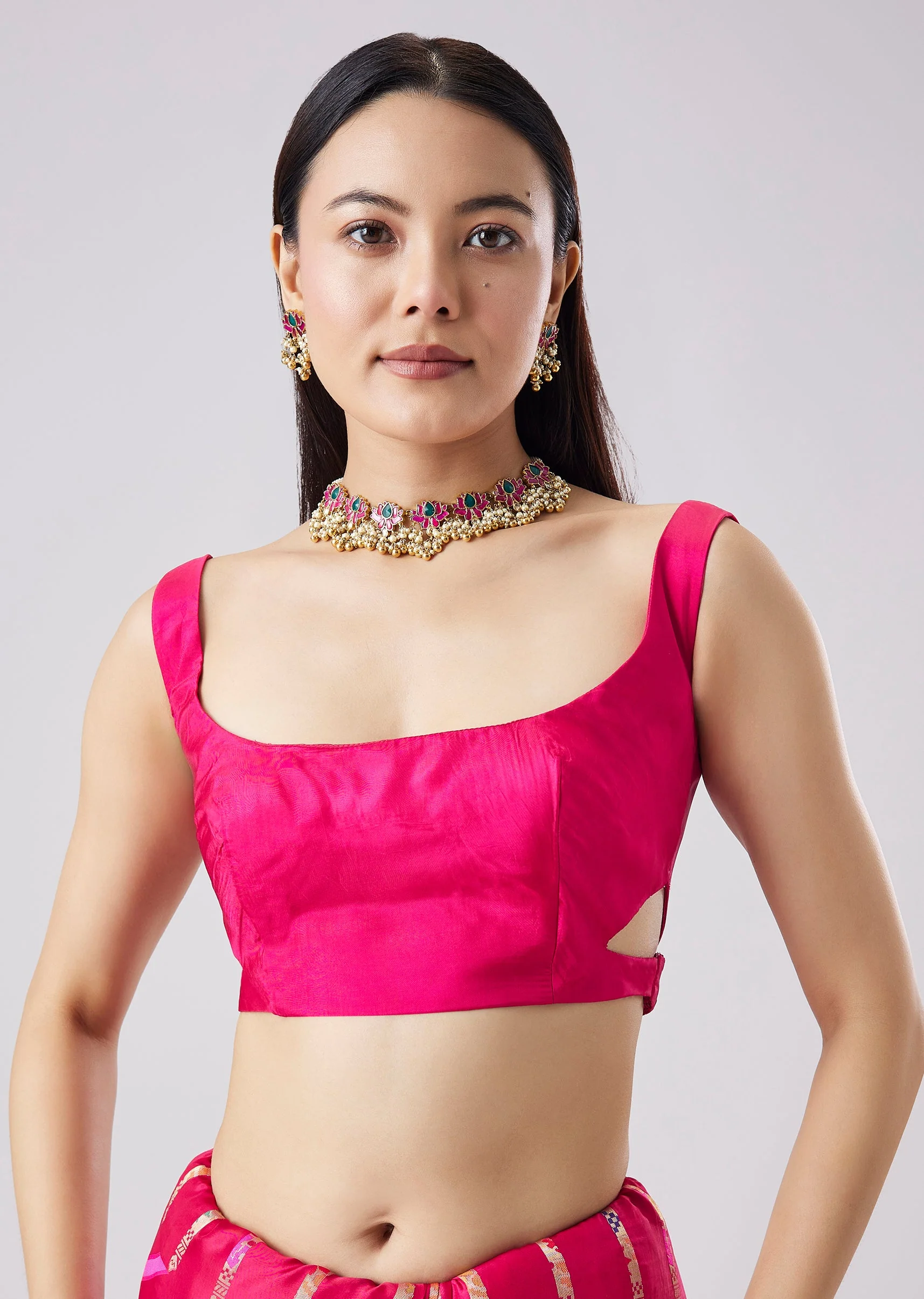 Rani Pink Woven Saree With Unstitched Blouse
