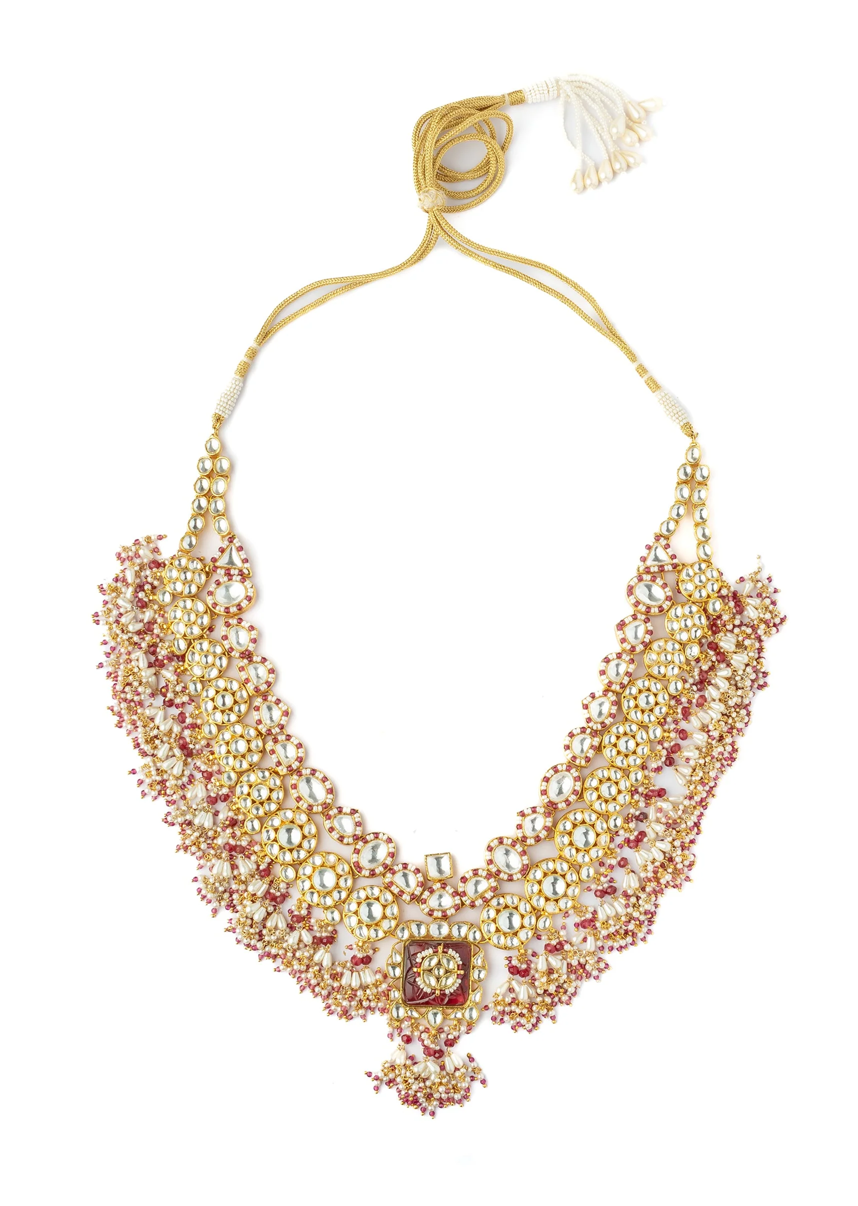 Gold Plated Red Stones Kundan Polki Necklace Set With Earrings