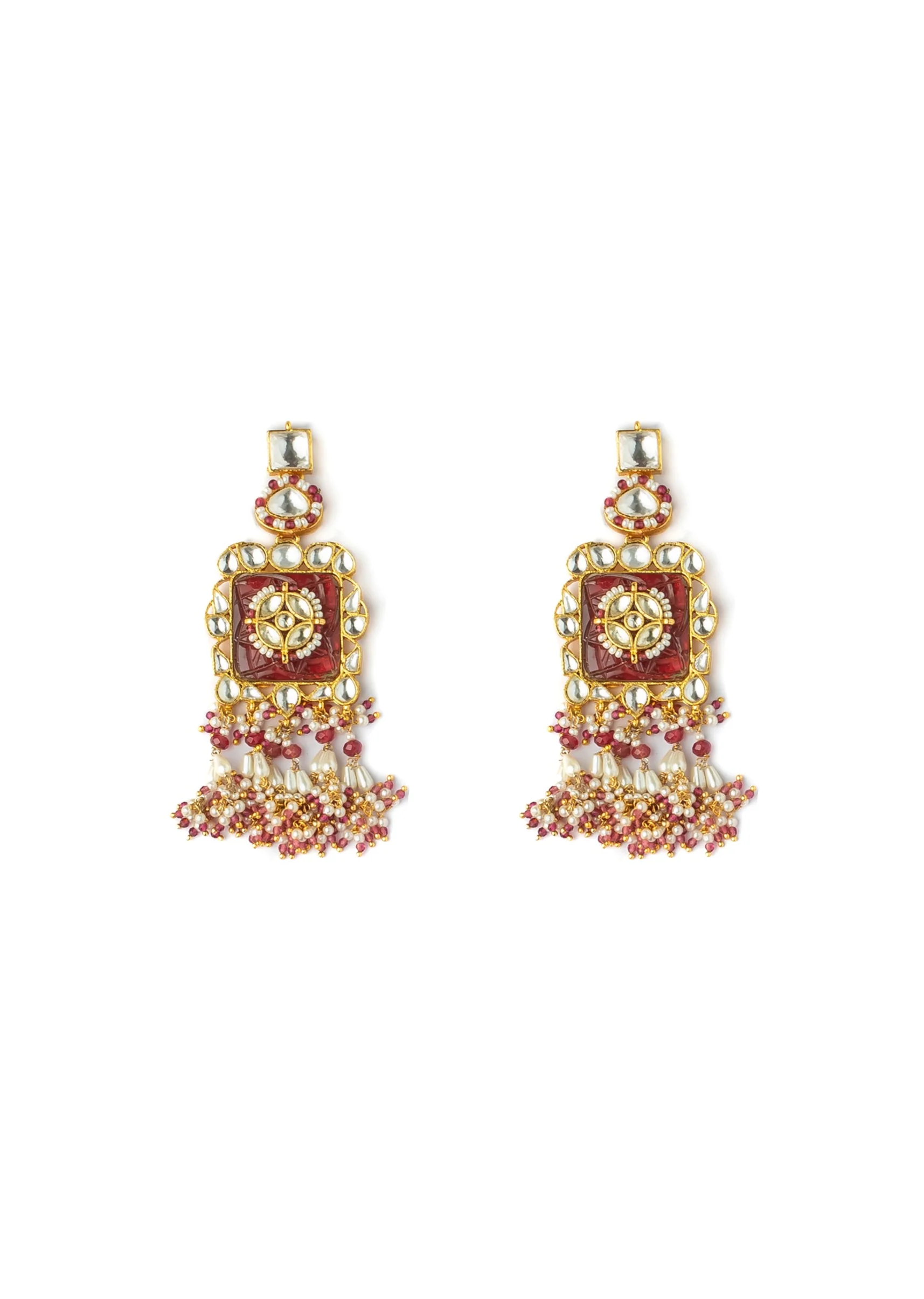 Gold Plated Red Stones Kundan Polki Necklace Set With Earrings