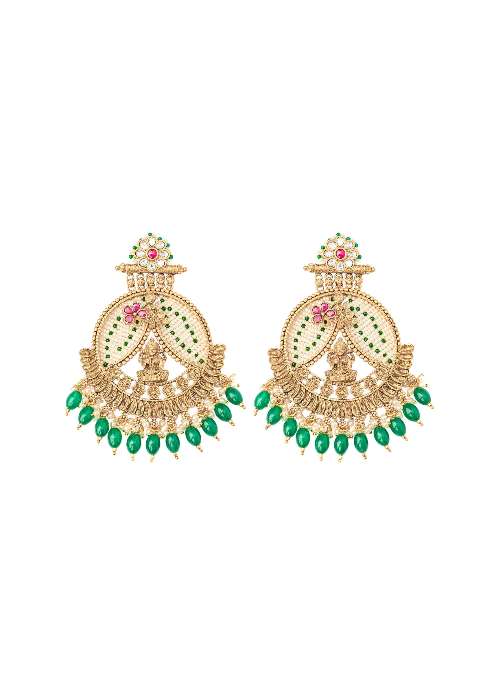 Deity Figure Round Chandbali With Green Drop Beads And Pink Accents