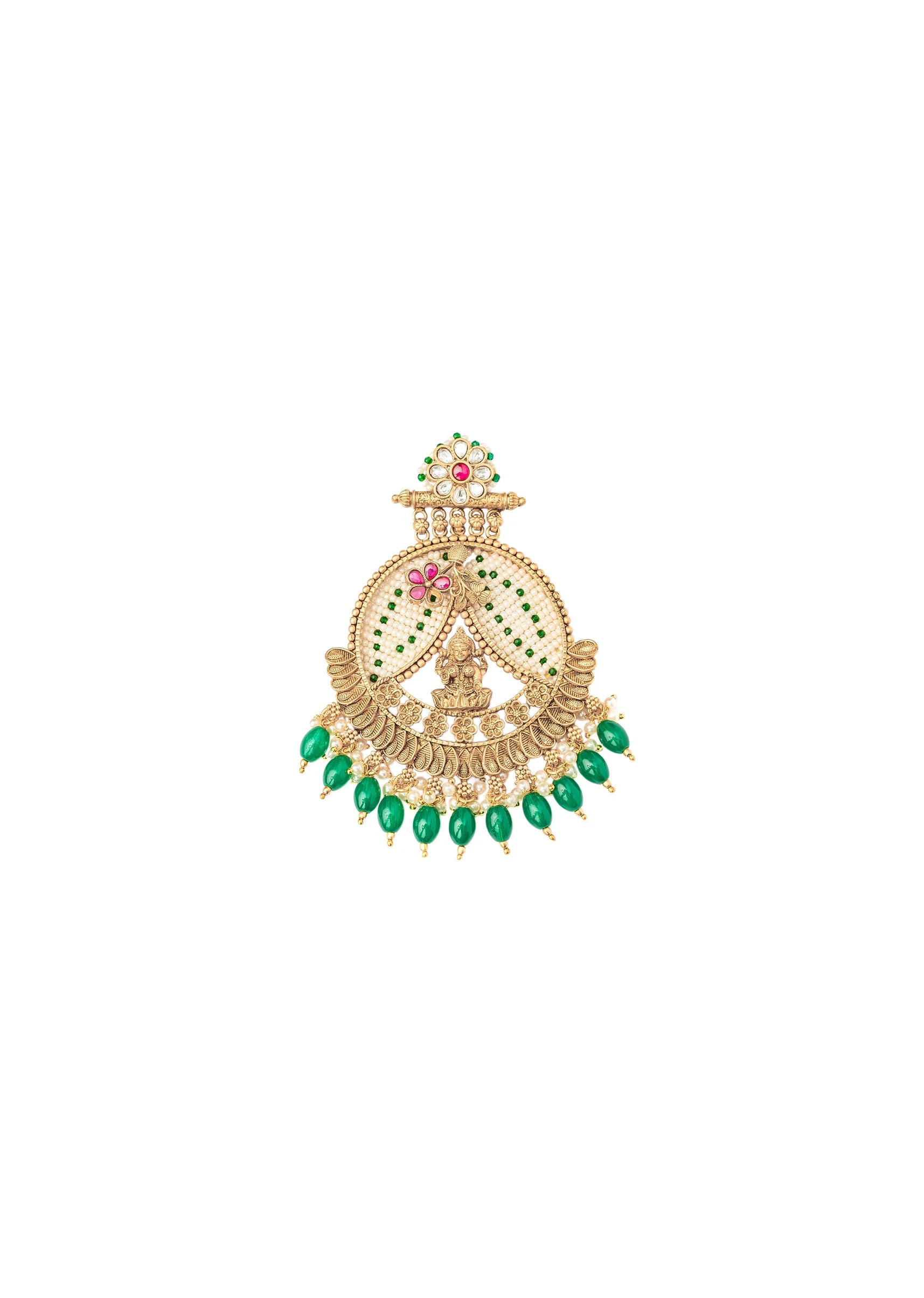 Deity Figure Round Chandbali With Green Drop Beads And Pink Accents