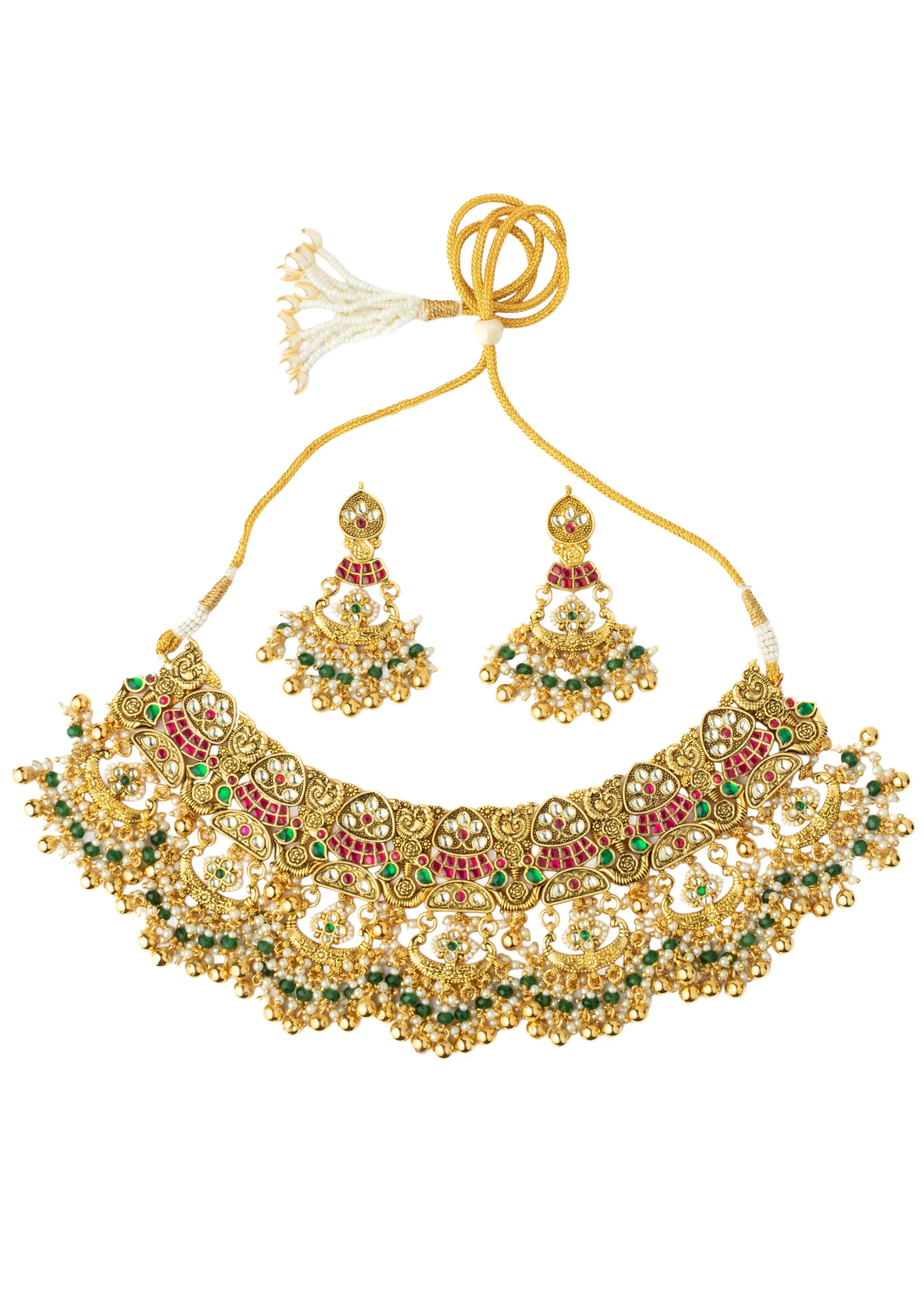 Gold Plated Multicolored Kundan Polki Necklace With Earrings
