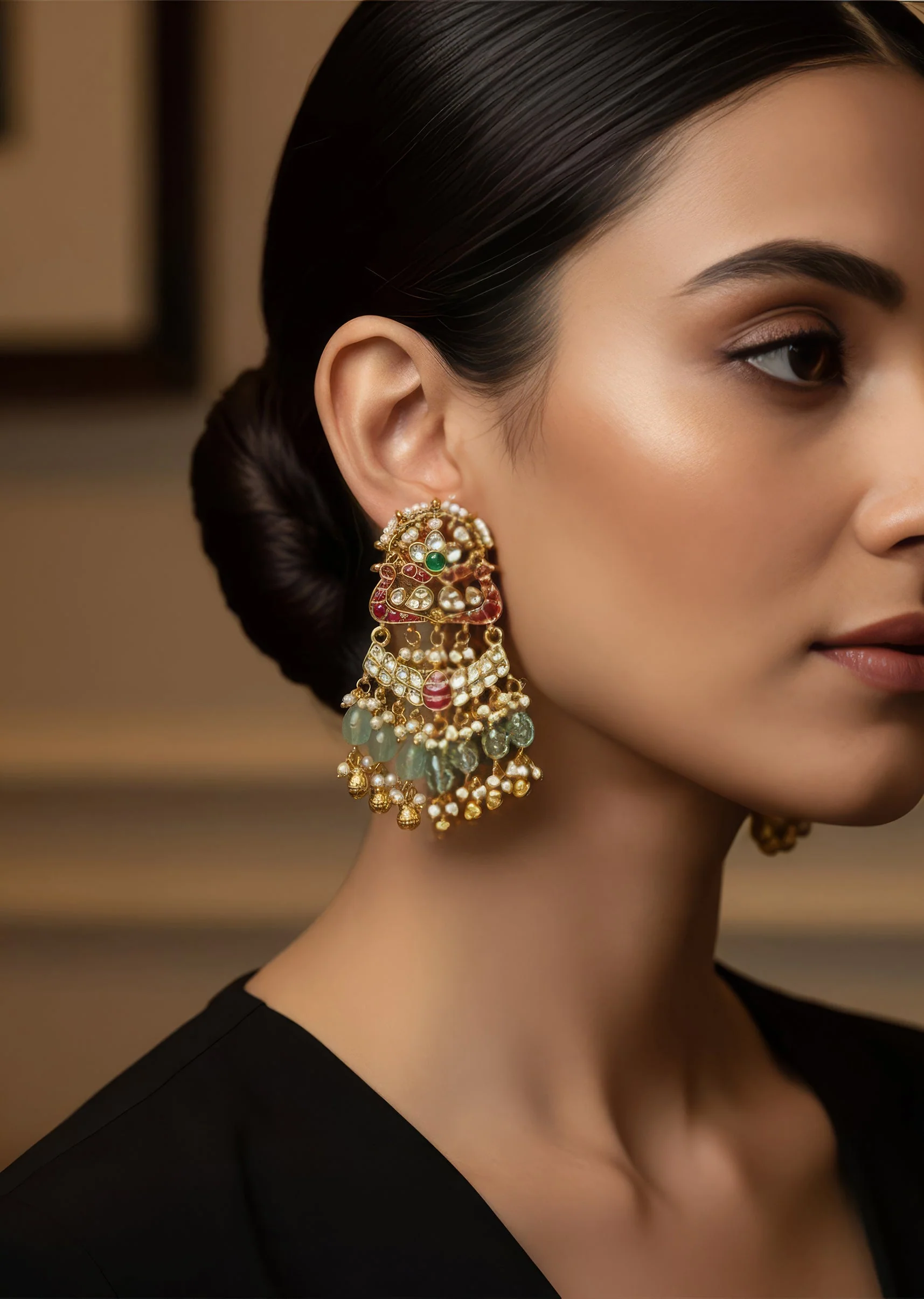 Gold Plated Green Synthetic Stone Earrings