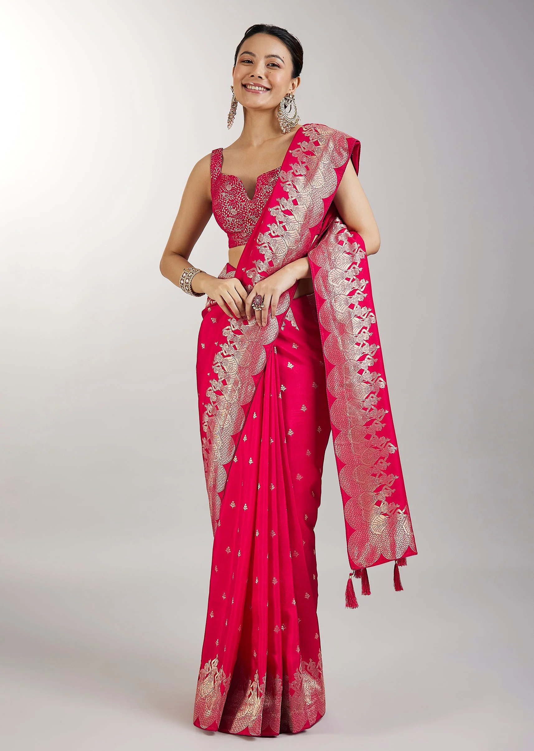 Rani Pink Dola Silk Saree With Zari Woven Butti