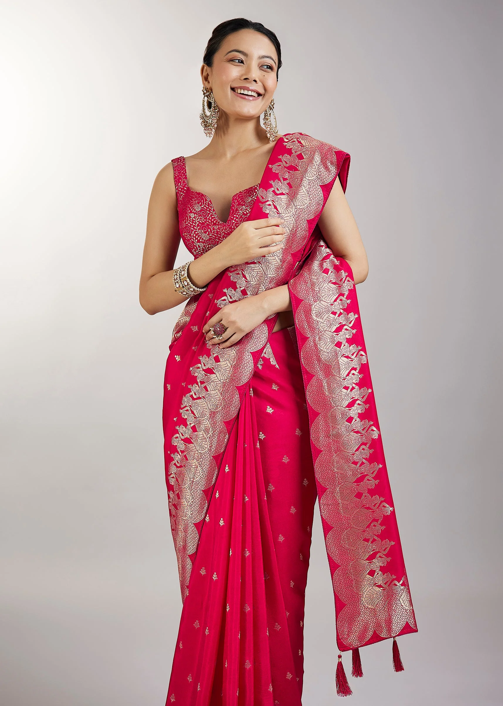 Rani Pink Dola Silk Saree With Zari Woven Butti