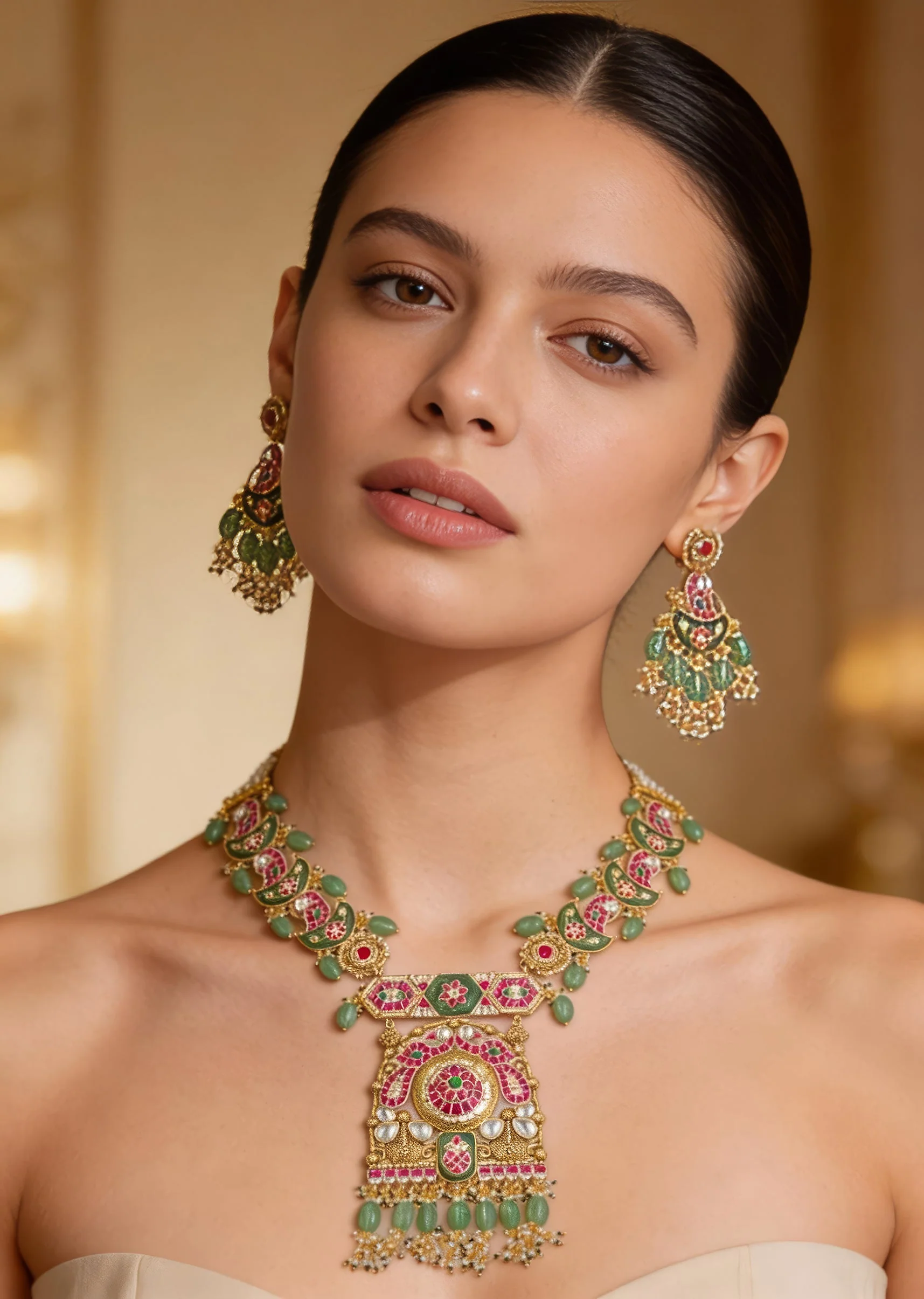 Gold Plated Colourful Kundan Polki Necklace Set With Earrings