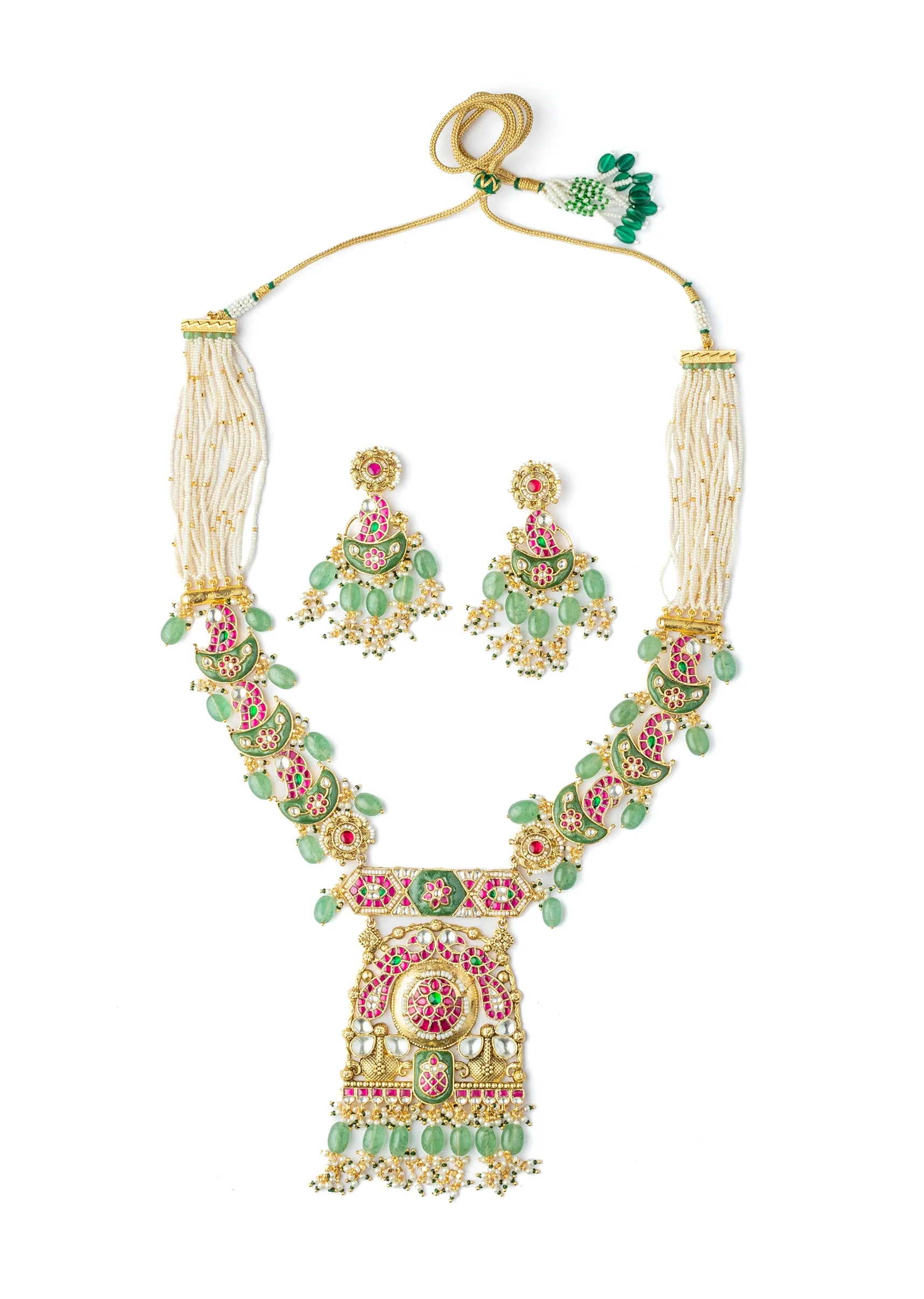 Gold Plated Colourful Kundan Polki Necklace Set With Earrings