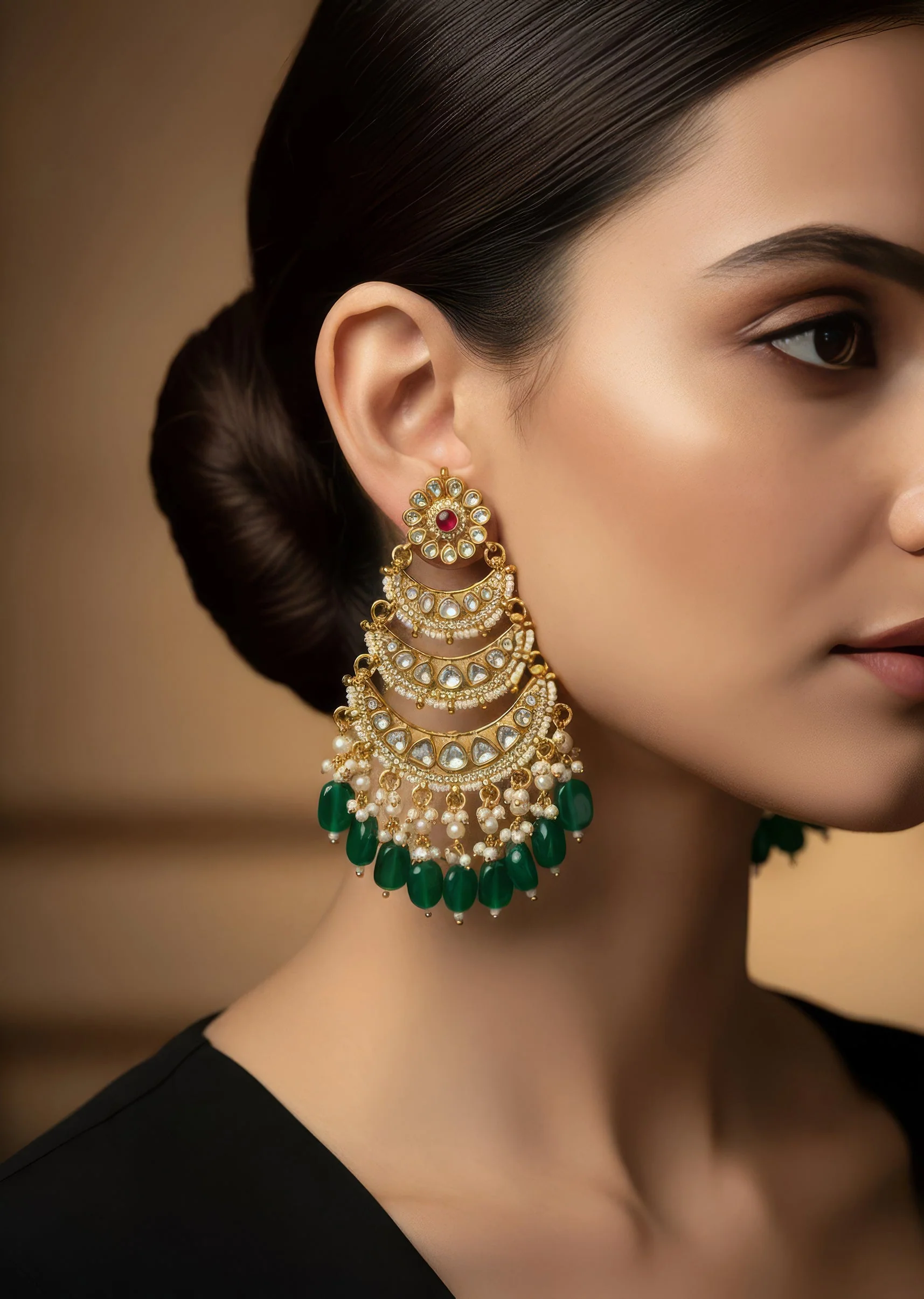 Gold Chandelier Earrings With Sparkling Kundan Work Pearls And Green Beads