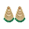 Gold Chandelier Earrings With Sparkling Kundan Work Pearls And Green Beads