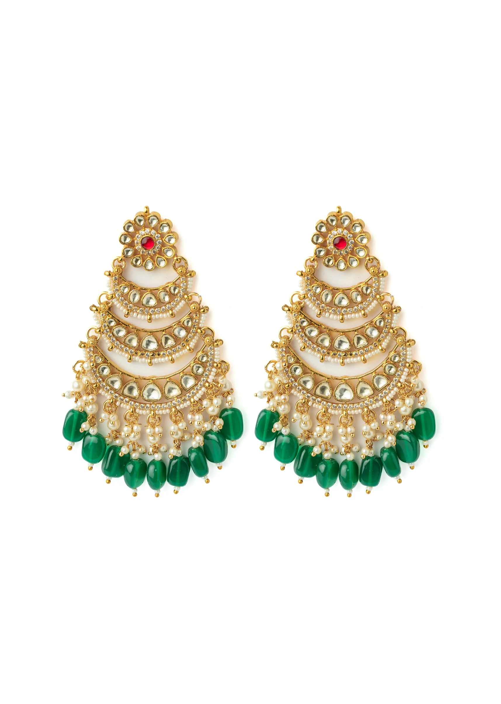 Gold Chandelier Earrings With Sparkling Kundan Work Pearls And Green Beads