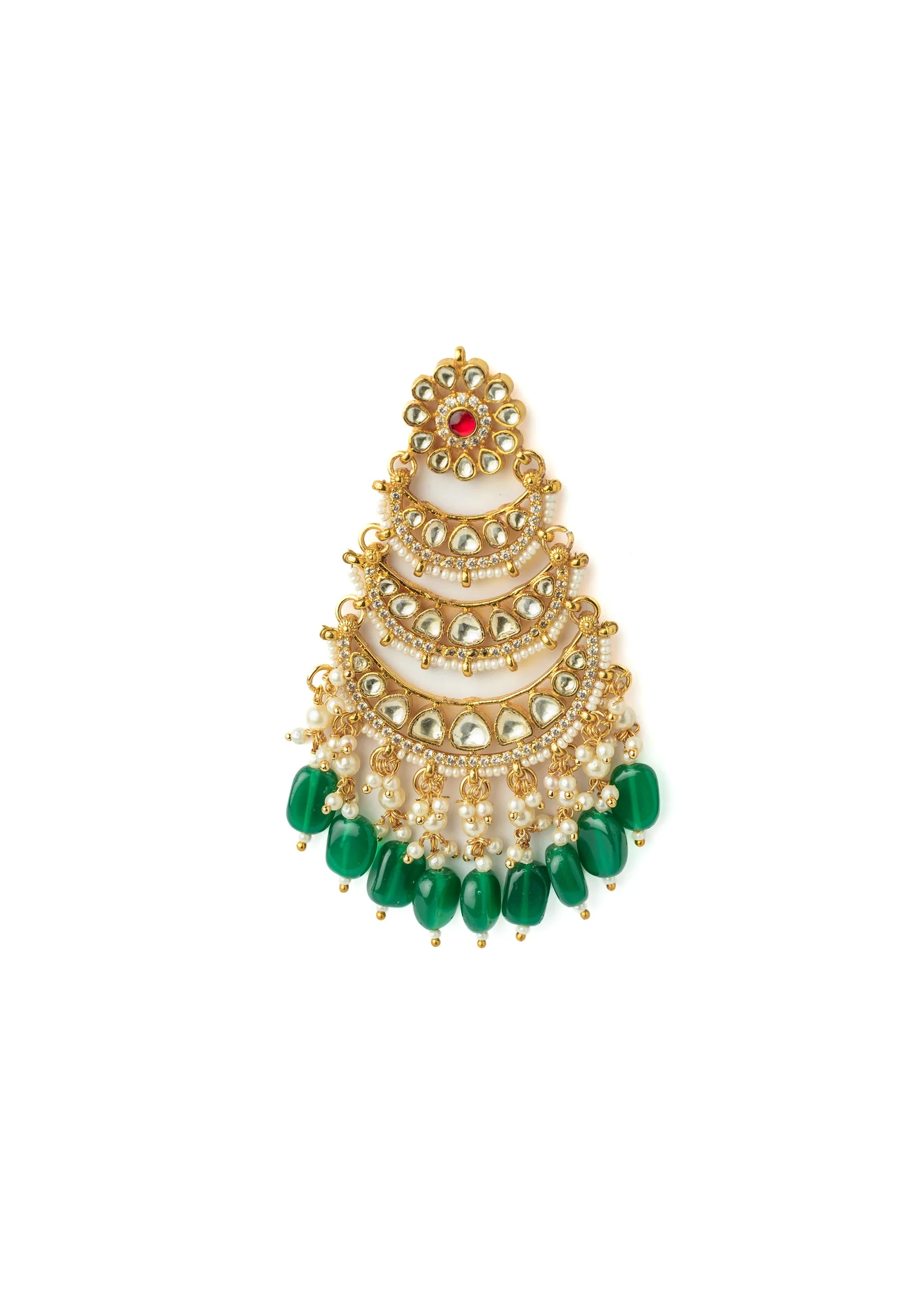 Gold Chandelier Earrings With Sparkling Kundan Work Pearls And Green Beads