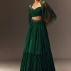 Bottle Green Tiered Lehenga With Net Cape