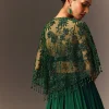 Bottle Green Tiered Lehenga With Net Cape