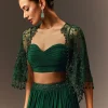 Bottle Green Tiered Lehenga With Net Cape