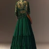 Bottle Green Tiered Lehenga With Net Cape