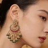 Pink And Green Chandbali Earrings With Floral Motifs And Beads