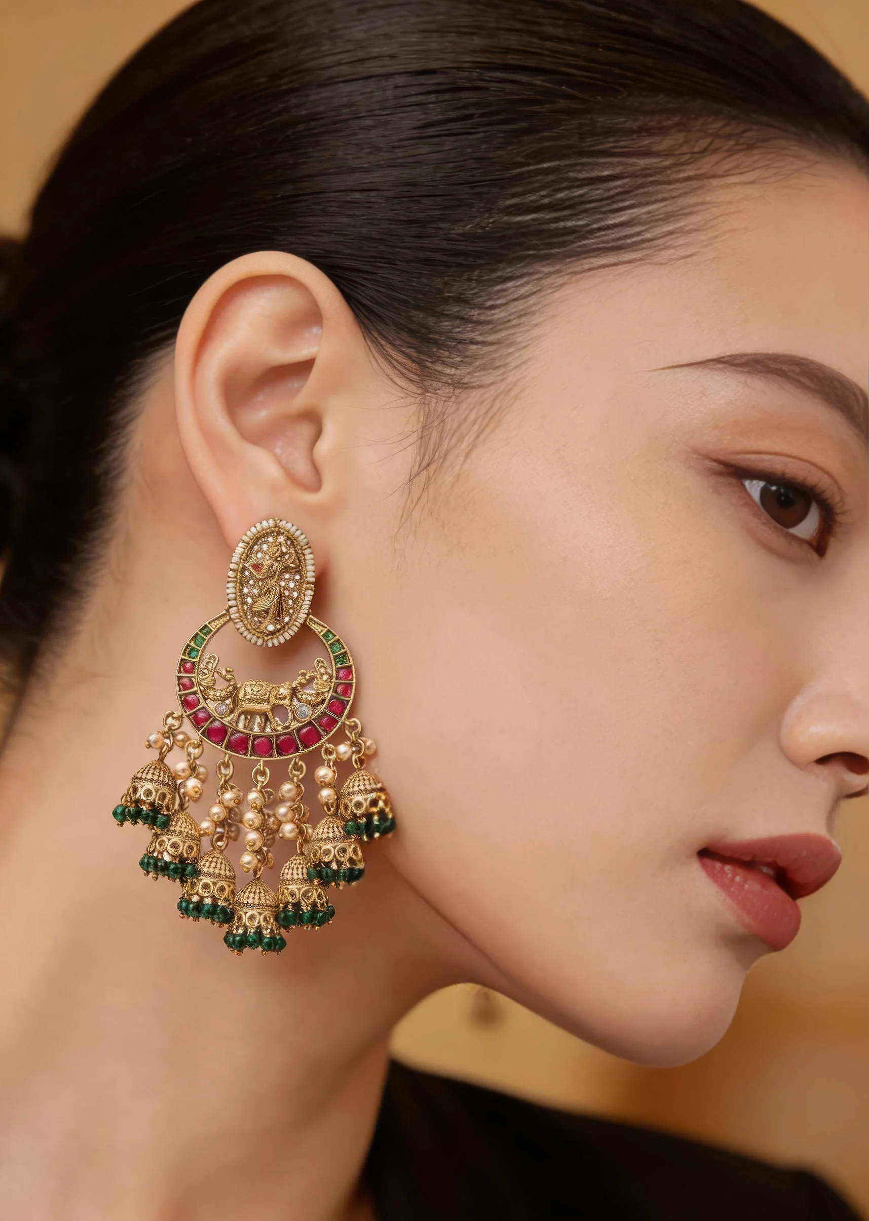 Pink And Green Chandbali Earrings With Floral Motifs And Beads