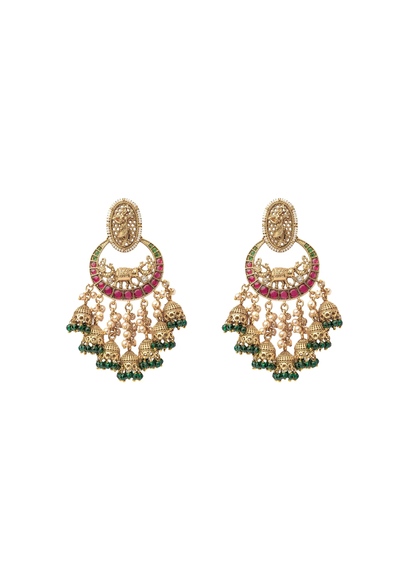 Pink And Green Chandbali Earrings With Floral Motifs And Beads