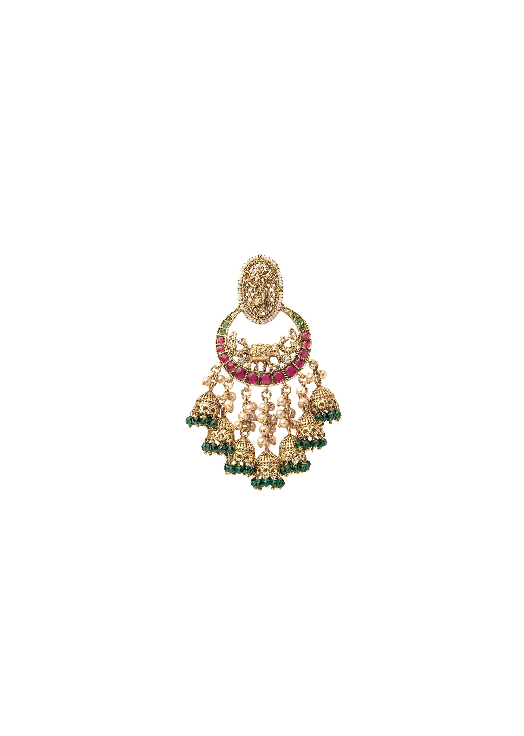 Pink And Green Chandbali Earrings With Floral Motifs And Beads