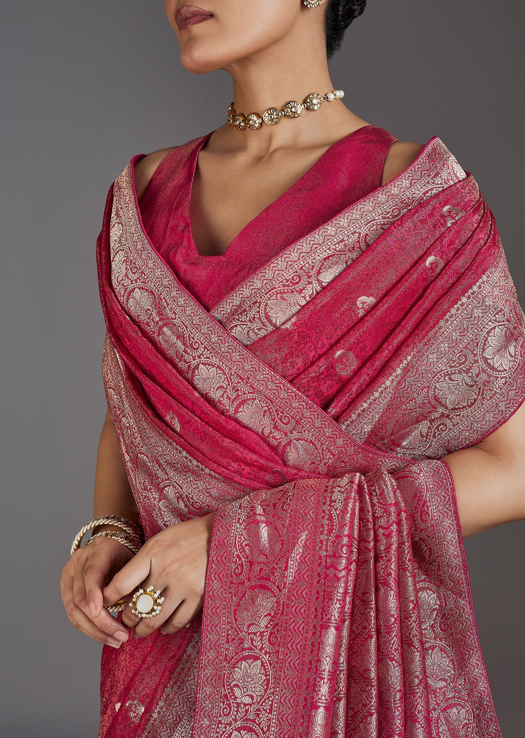 Rani Pink Jacquard Dola Silk Saree With Animal Butti