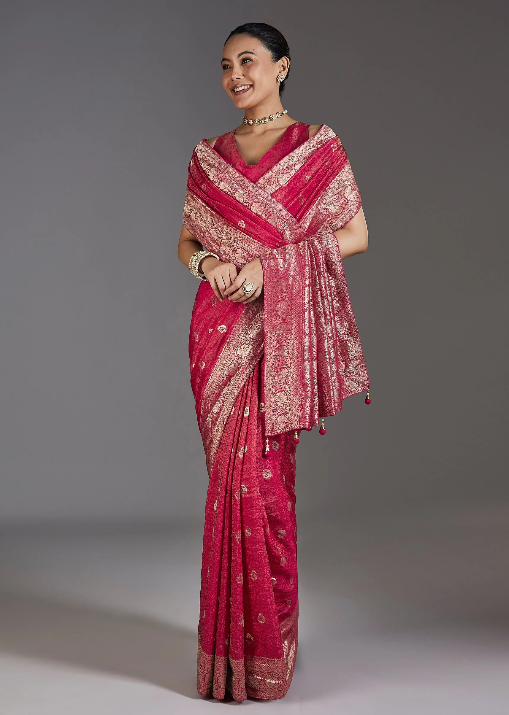 Rani Pink Jacquard Dola Silk Saree With Animal Butti