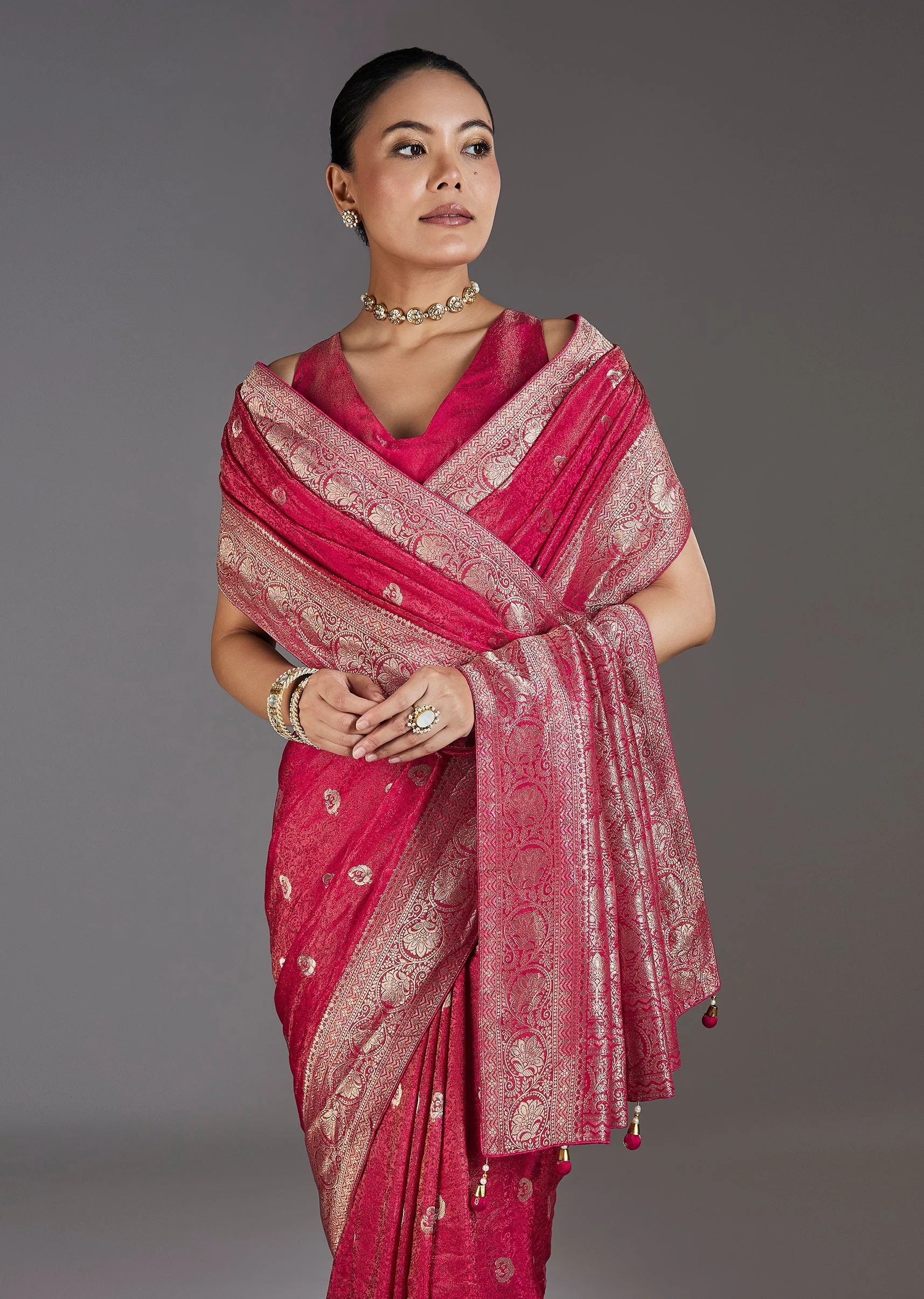 Rani Pink Jacquard Dola Silk Saree With Animal Butti