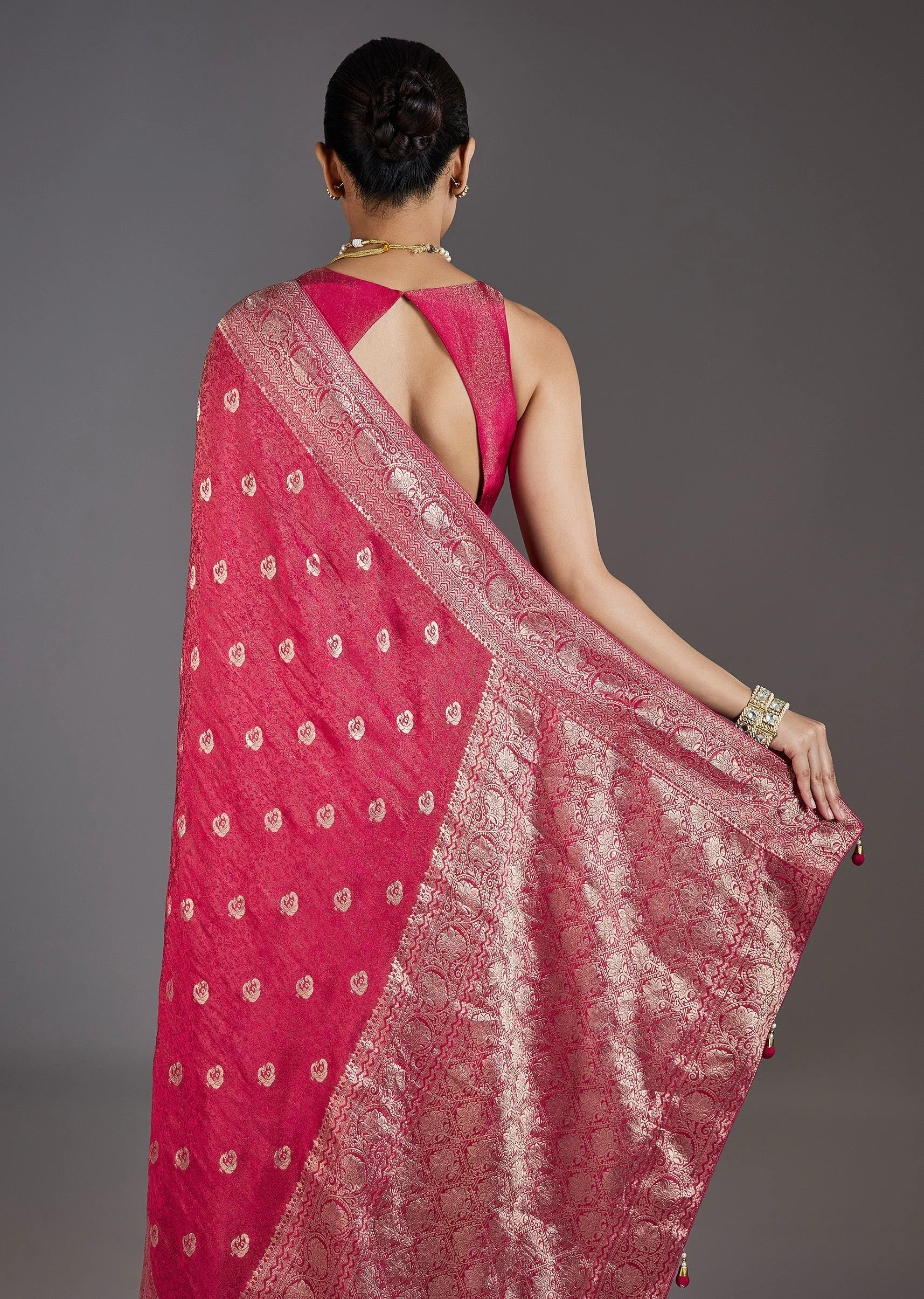 Rani Pink Jacquard Dola Silk Saree With Animal Butti