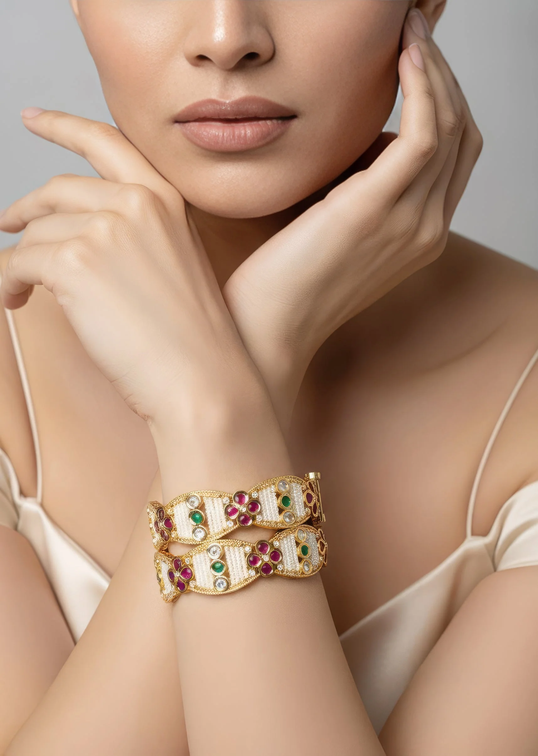 Gold Bangles With Pearls And Pink Green Gemstones