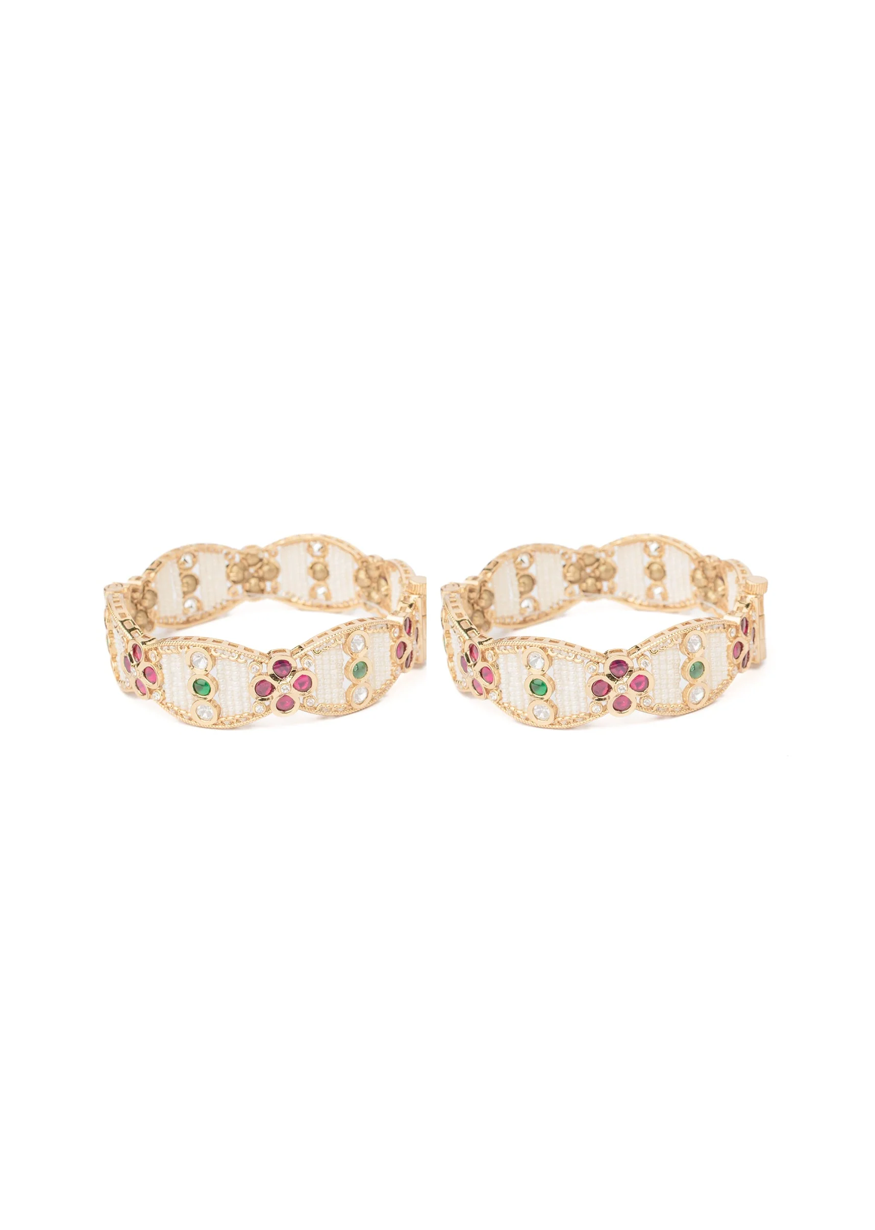 Gold Bangles With Pearls And Pink Green Gemstones