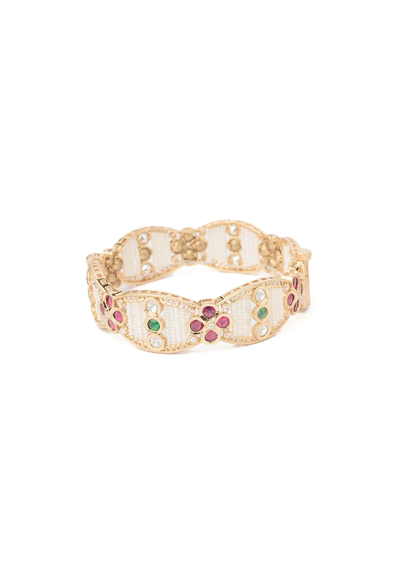 Gold Bangles With Pearls And Pink Green Gemstones