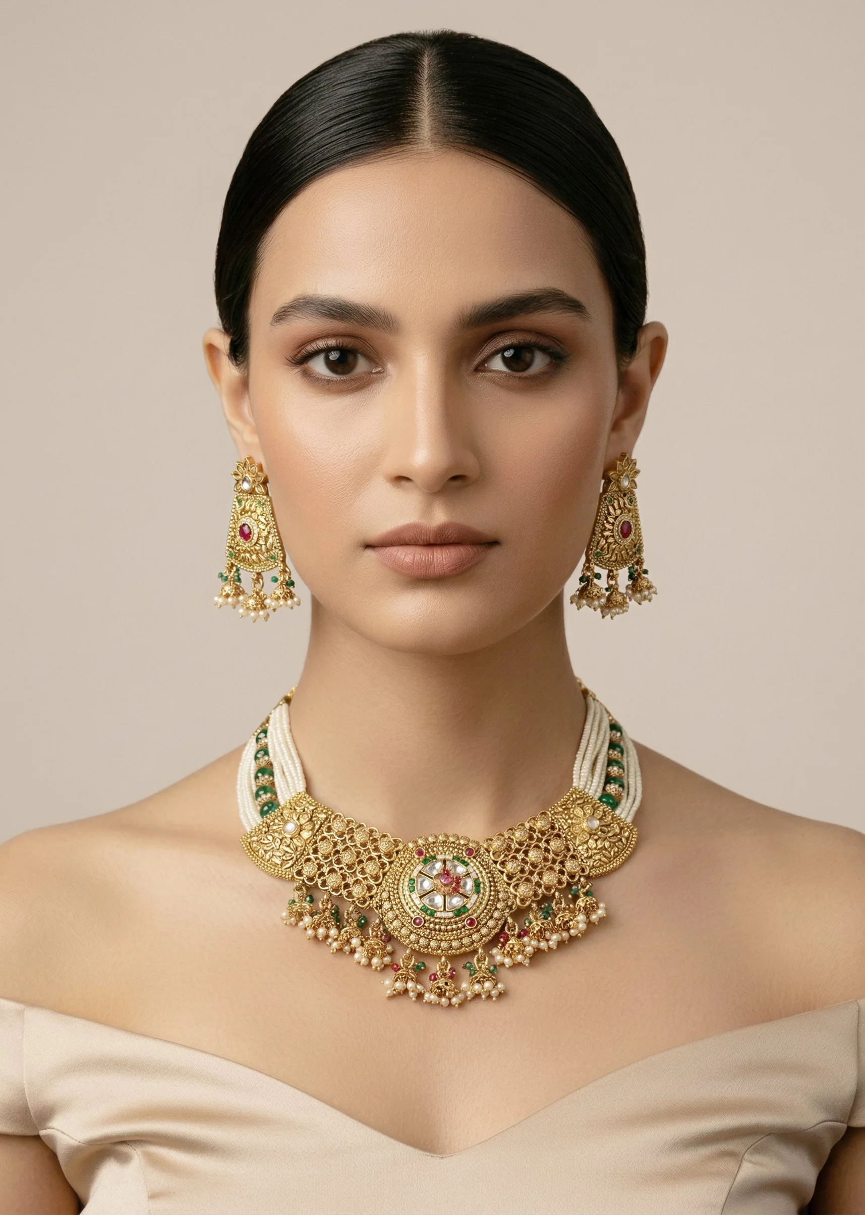 Gold Plated Green Choker Necklace Set With Earrings