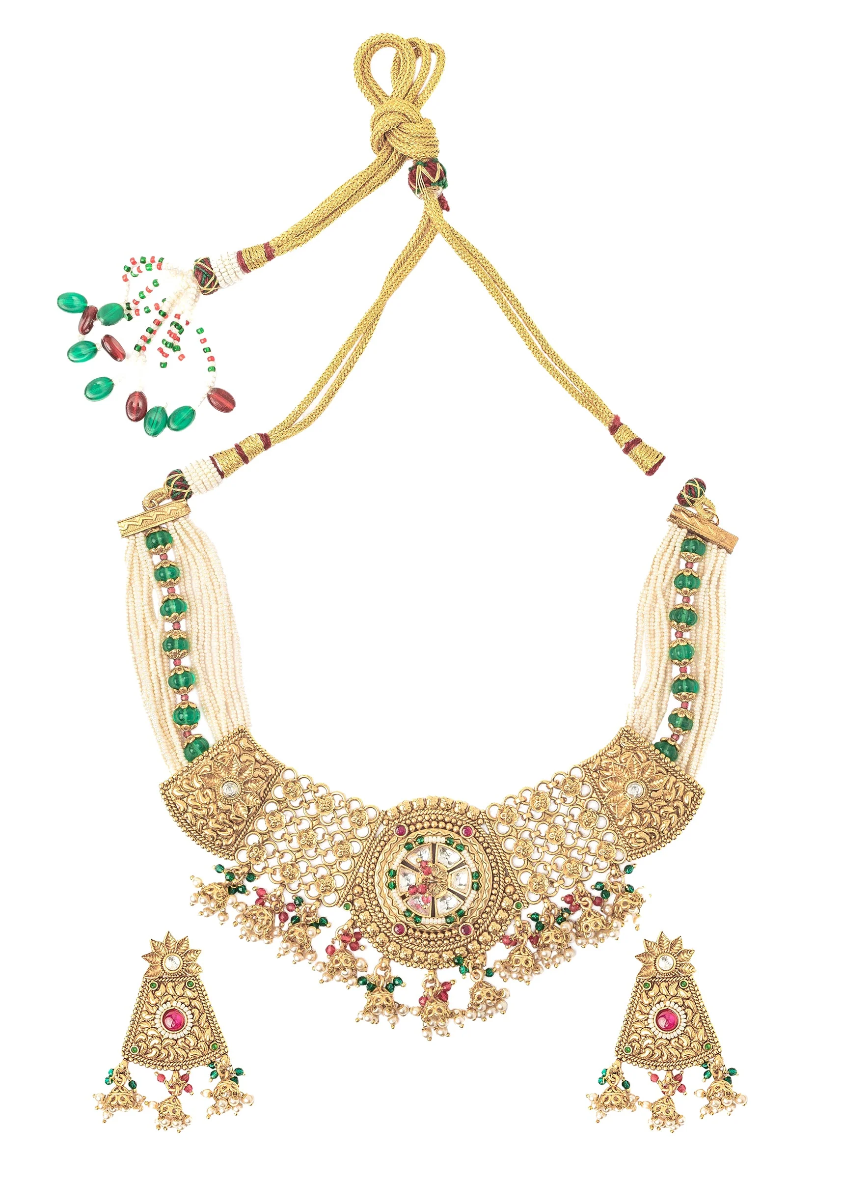 Gold Plated Green Choker Necklace Set With Earrings