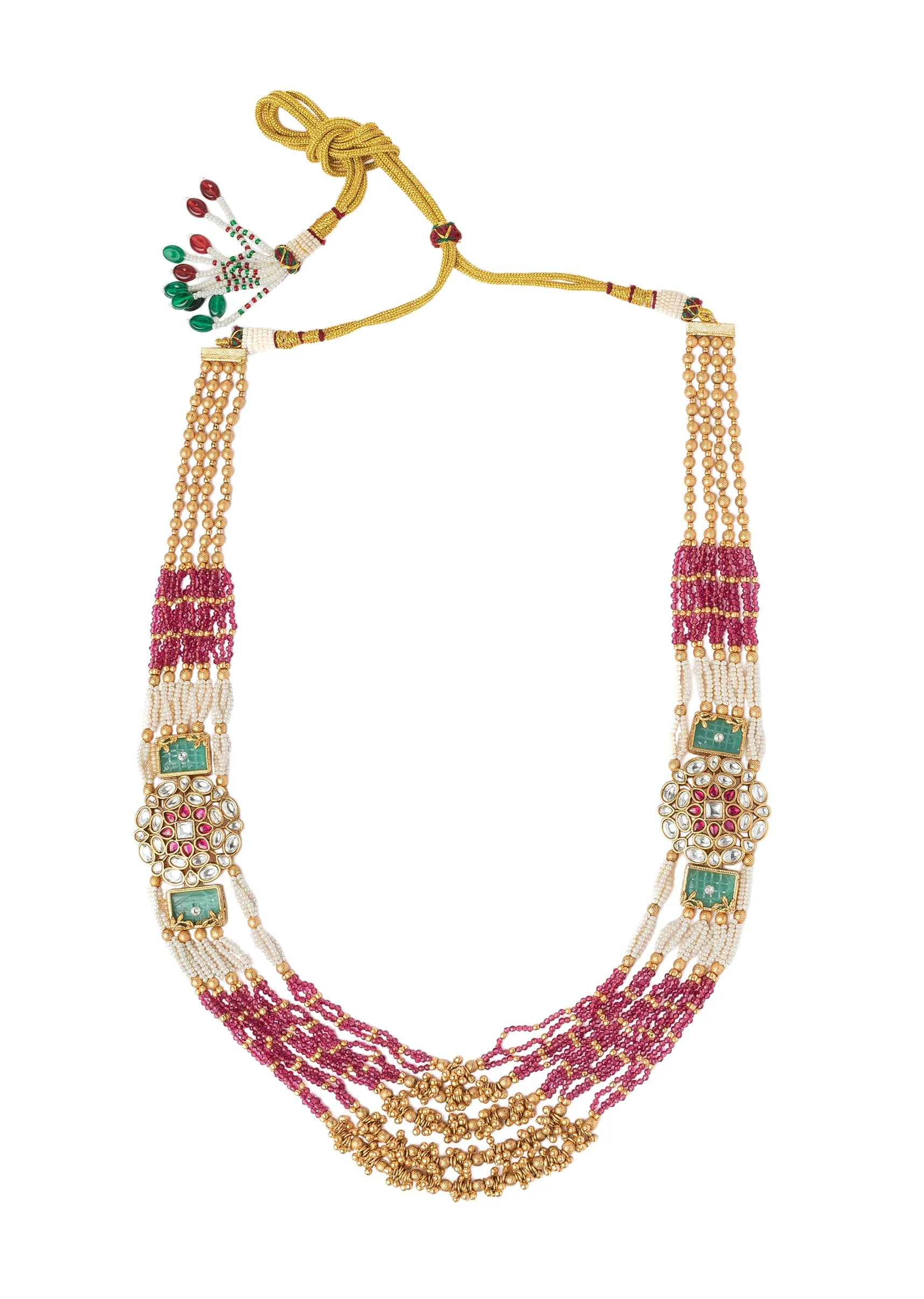 Gold Plated Pink Long Necklace Set With Earrings